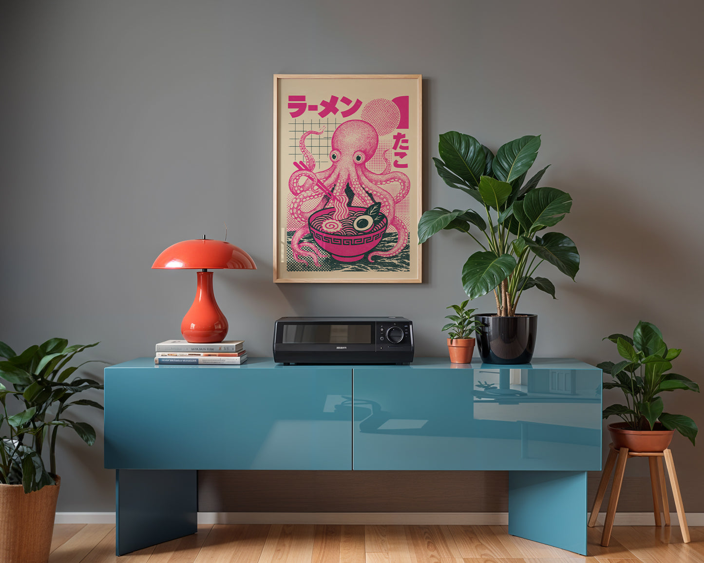 Japanese octopus ramen poster with pink illustration and noodles