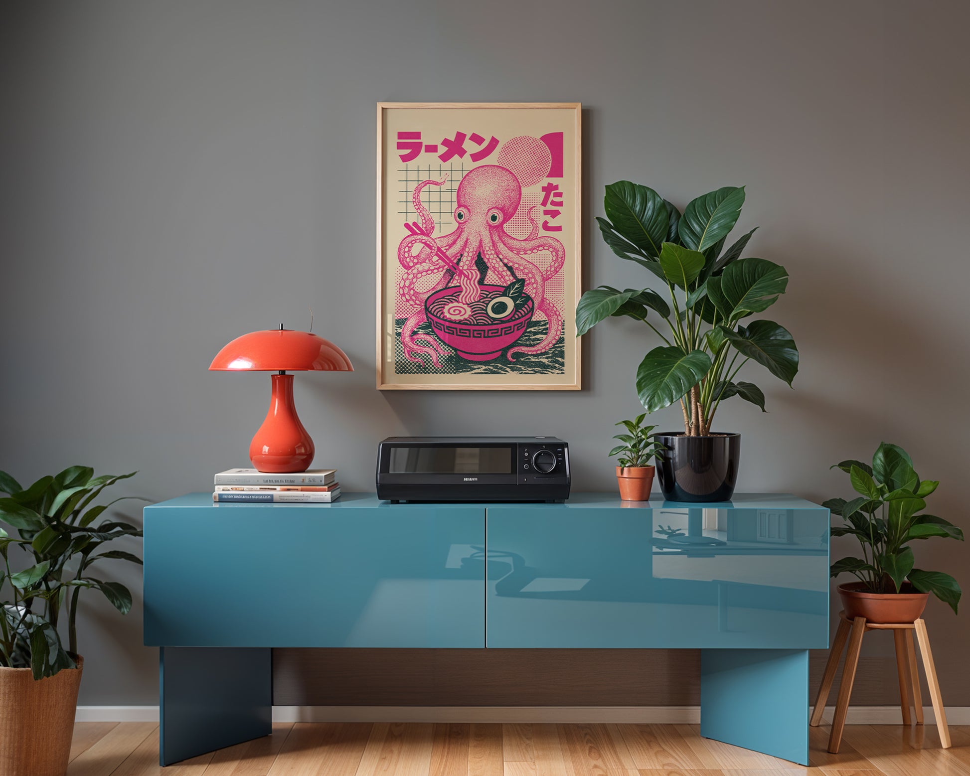 Japanese octopus ramen poster with pink illustration and noodles