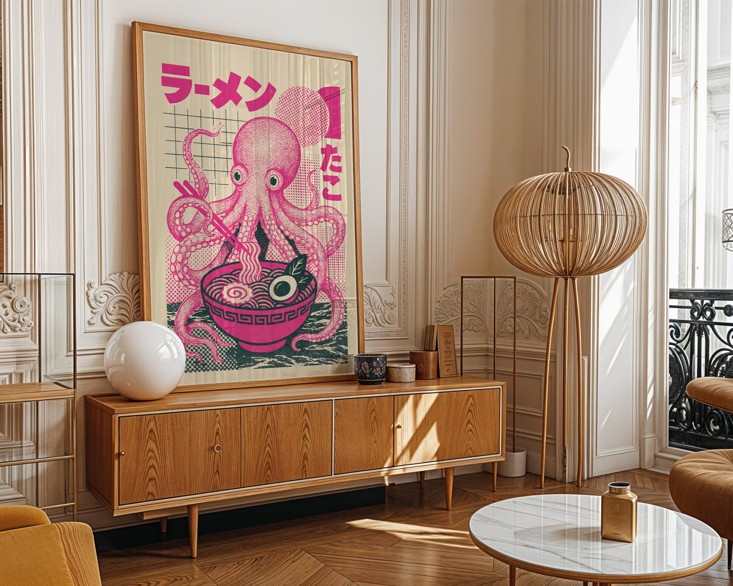 Modern living room with wooden cabinet, pink octopus artwork, and marble table.