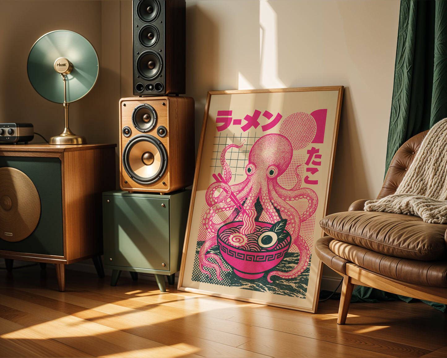 Room interior with speakers, a lamp, and a colorful octopus poster on a wall.