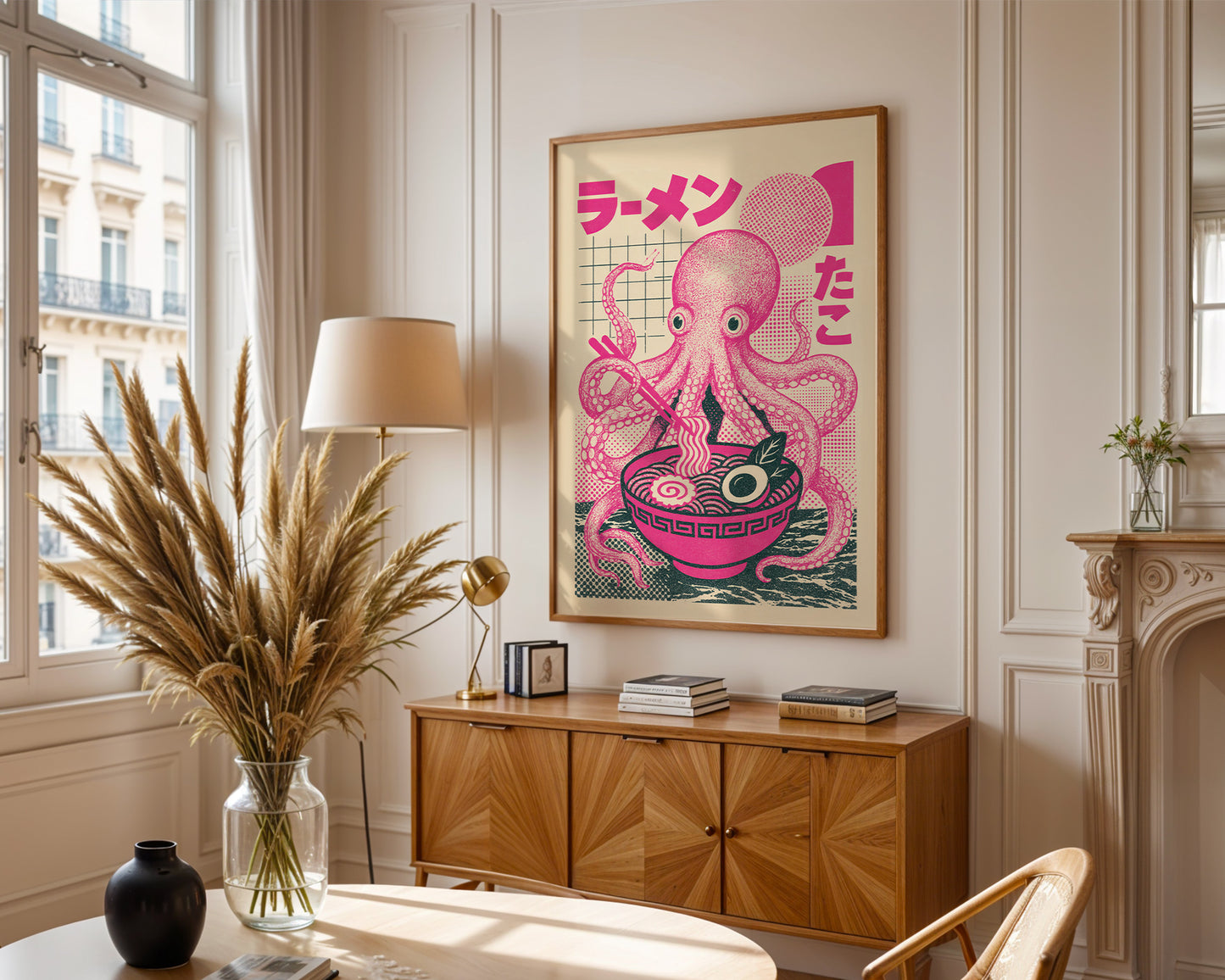 Modern interior with a wooden cabinet, pink octopus artwork, and decorative items.