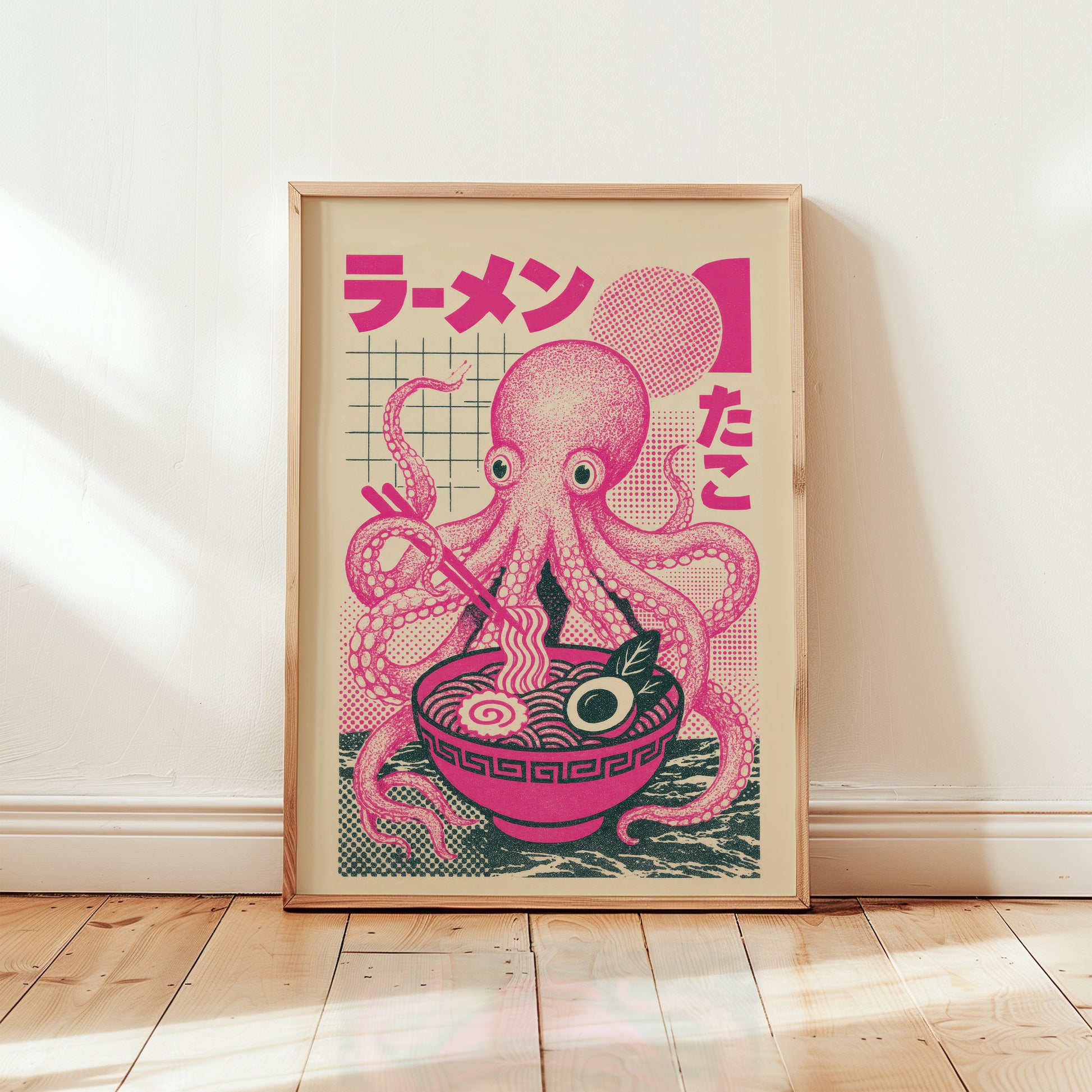 Framed ramen octopus Japanese art print in wooden frame, pink risograph style illustration with octopus chopsticks and ramen bowl on cream background