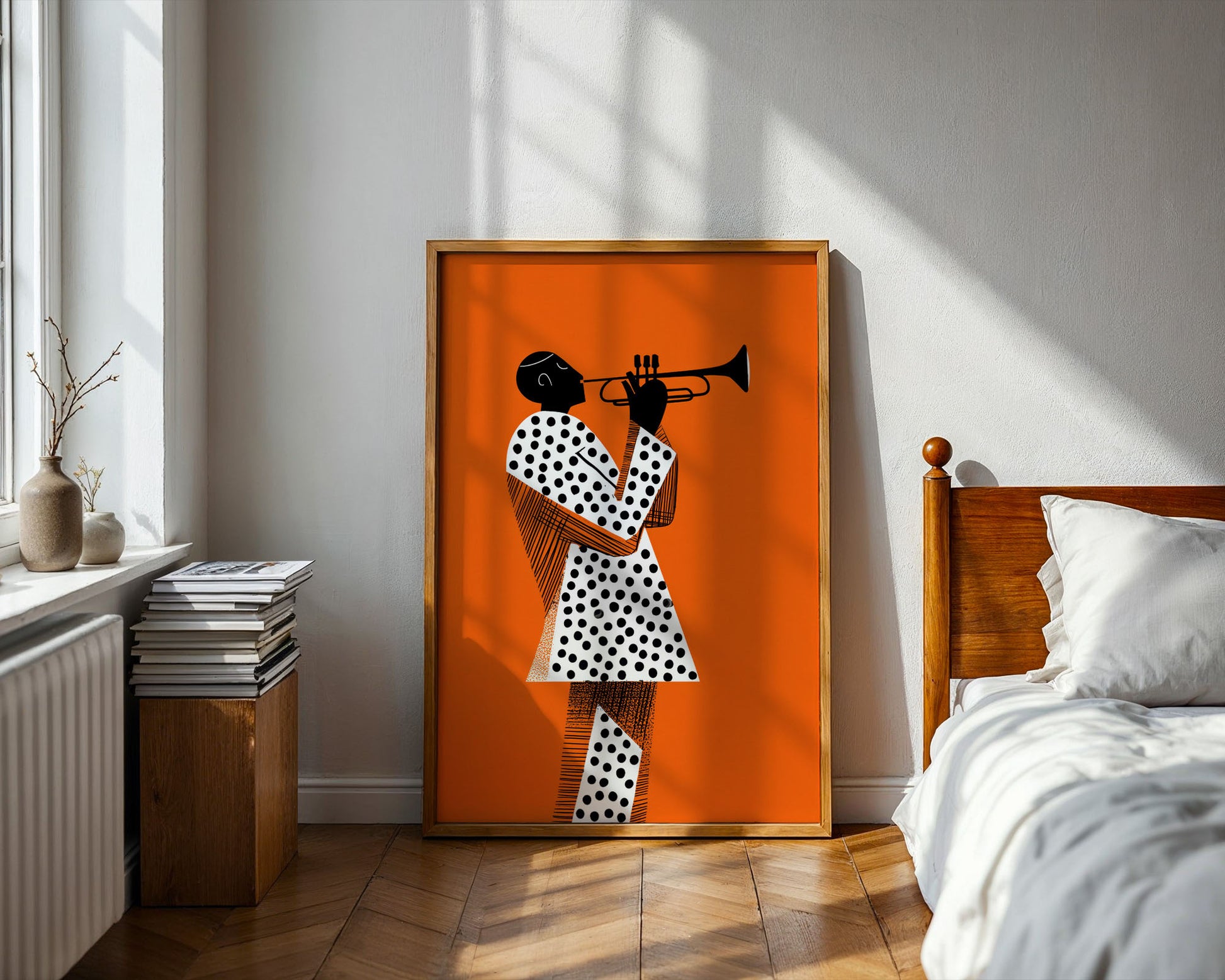 Framed artwork of a person playing a trumpet on an orange background in a bedroom.