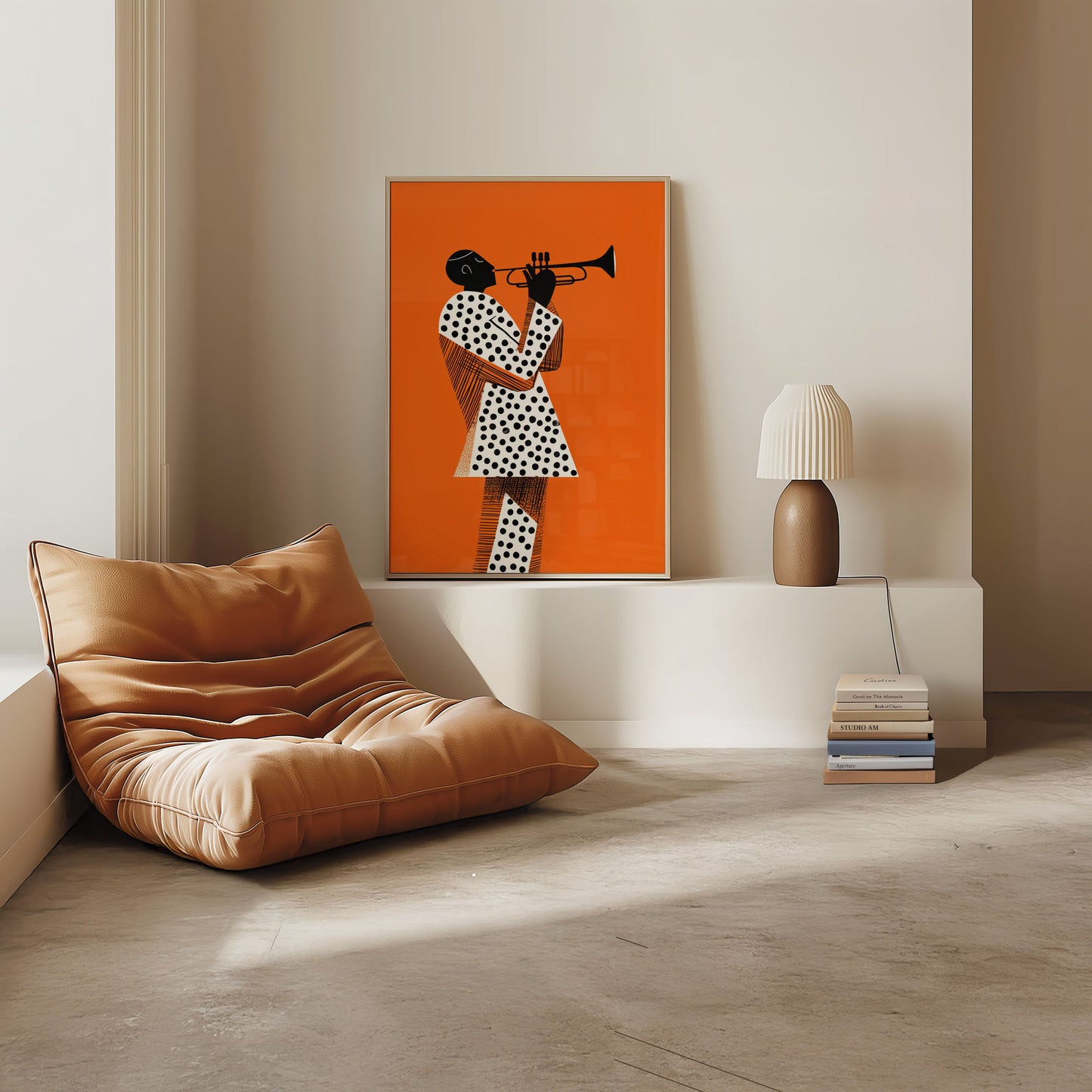 Modern living room with a brown leather chair, lamp, and abstract painting on an orange background.