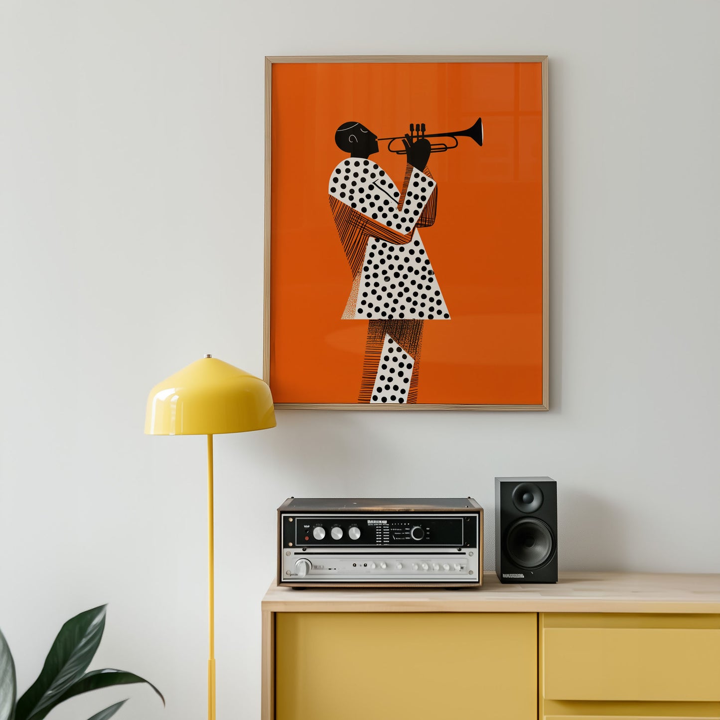 Mid-century modern poster wall art displayed in contemporary living room interior with stereo equipment.