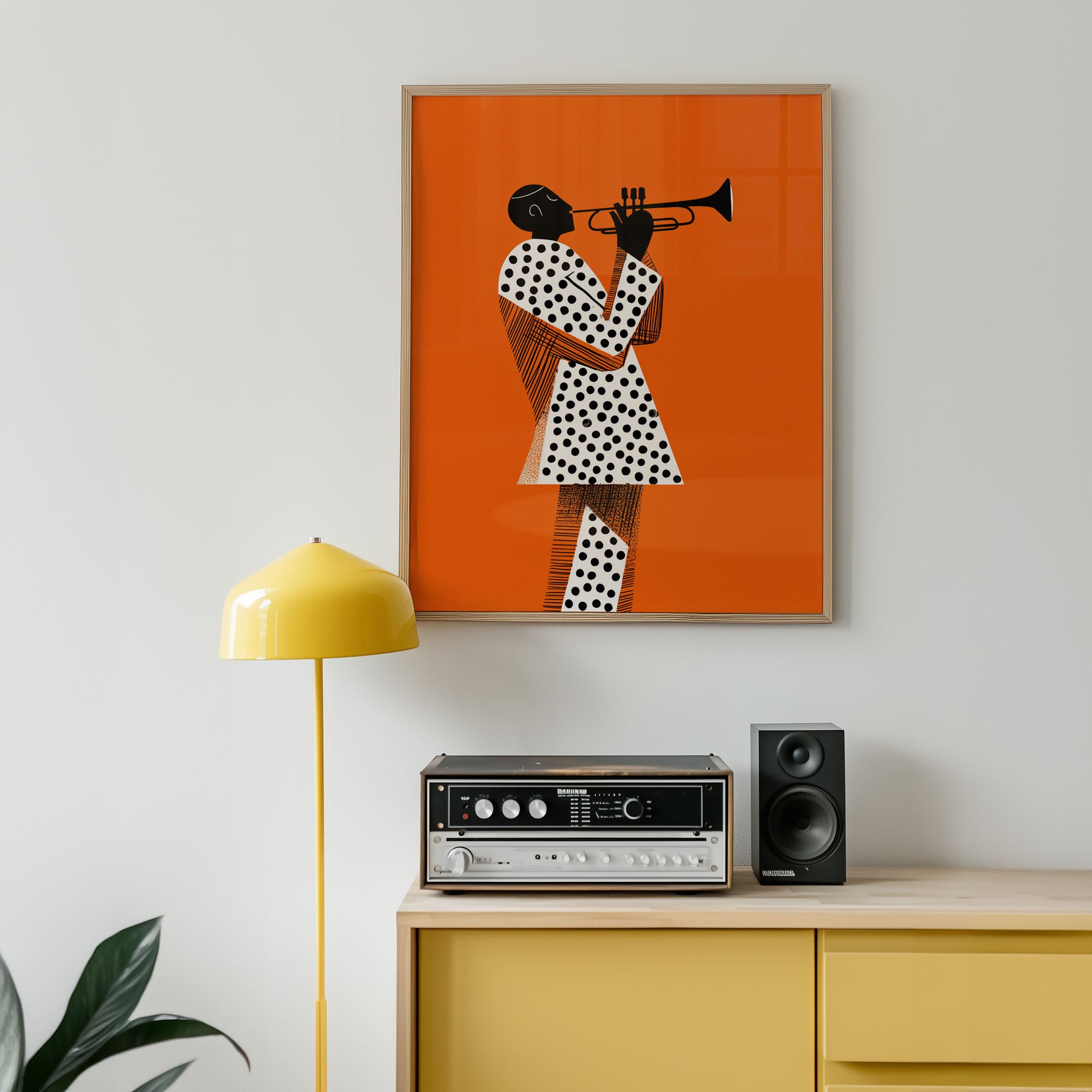 Mid-century modern poster wall art displayed in contemporary living room interior with stereo equipment.