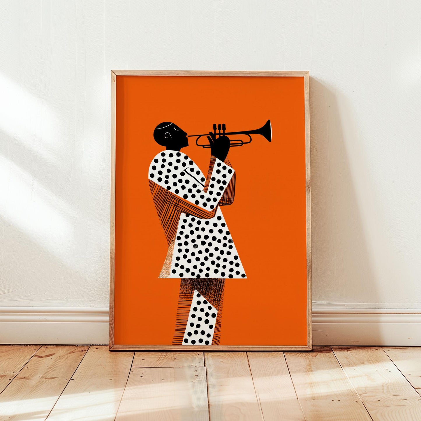 bstract trumpet player jazz poster in bold orange mid-century modern style featuring geometric figure illustration from Wallgarde