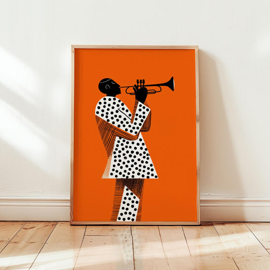 bstract trumpet player jazz poster in bold orange mid-century modern style featuring geometric figure illustration from Wallgarde