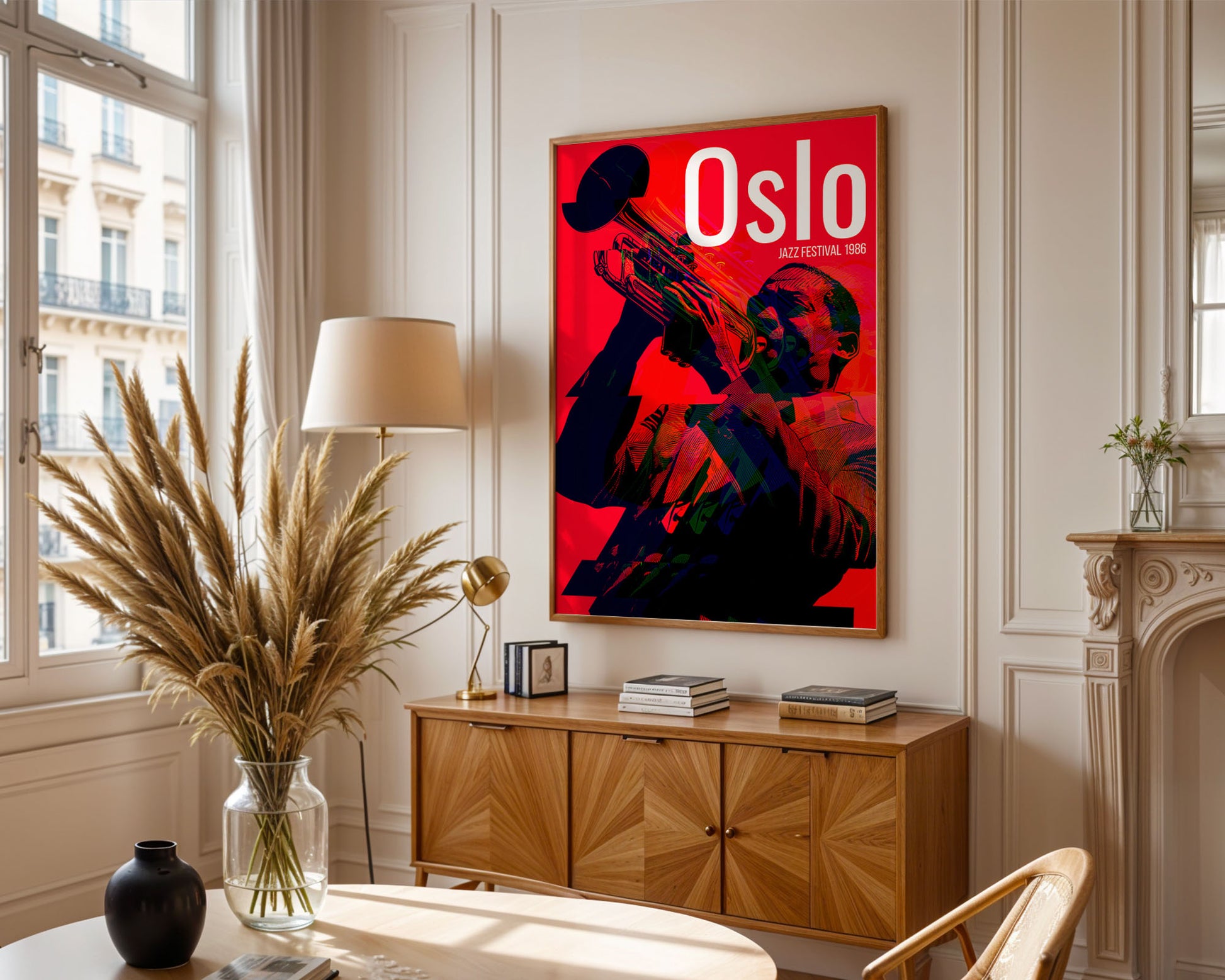 Living room with a 'Oslo' poster on the wall, wooden cabinet, and decorative items.