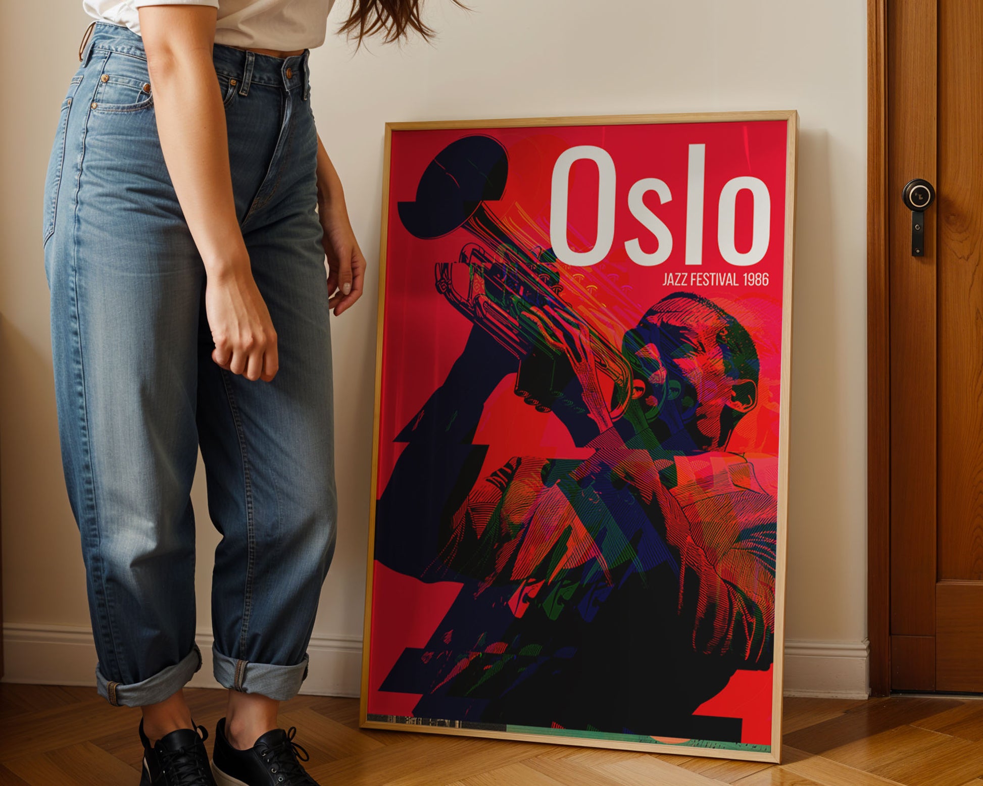 Person standing next to a 'Oslo Jazz Festival 1986' poster