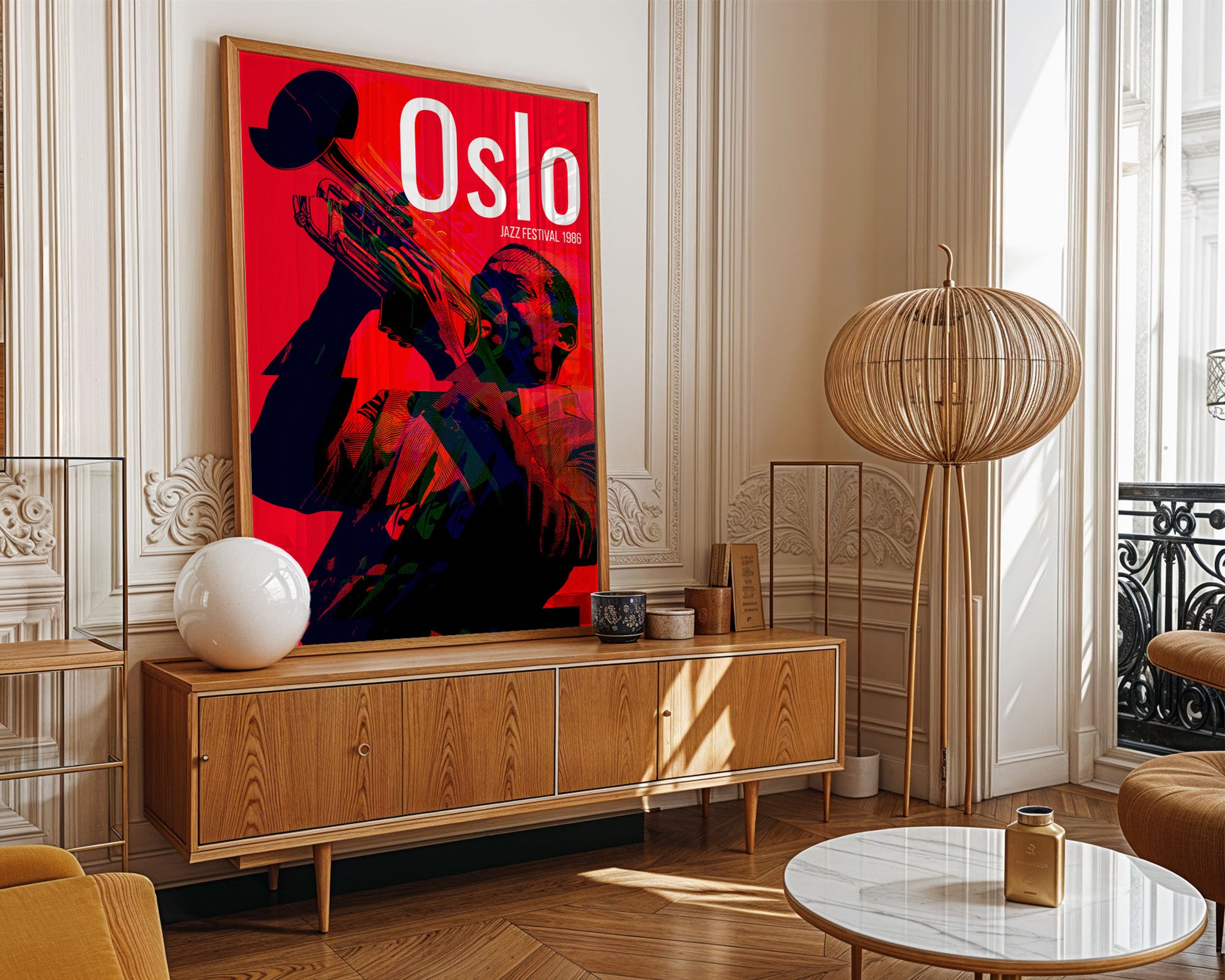 Modern living room with a large 'Oslo' poster on a wall above a wooden cabinet.