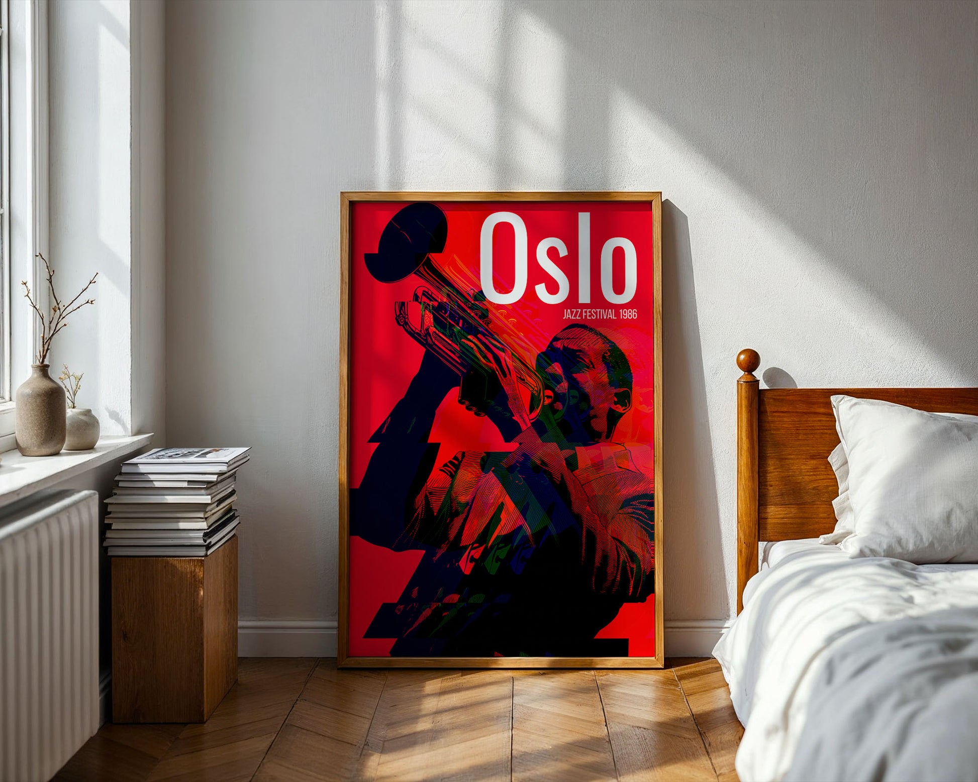 Framed  jazz poster with 'Oslo' design in a bedroom setting
