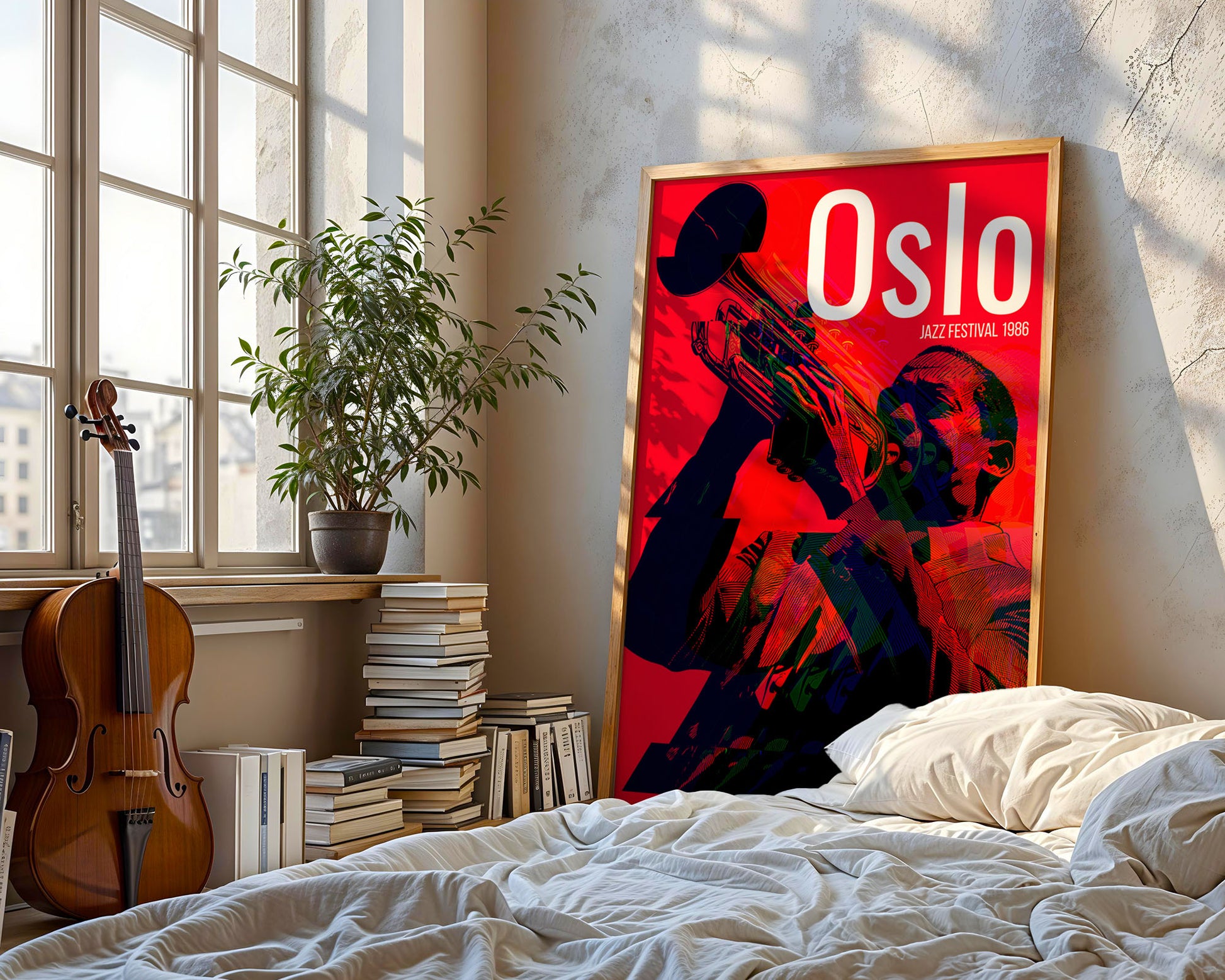 Poster of 'Oslo Jazz Festival' in a room with books and a violin