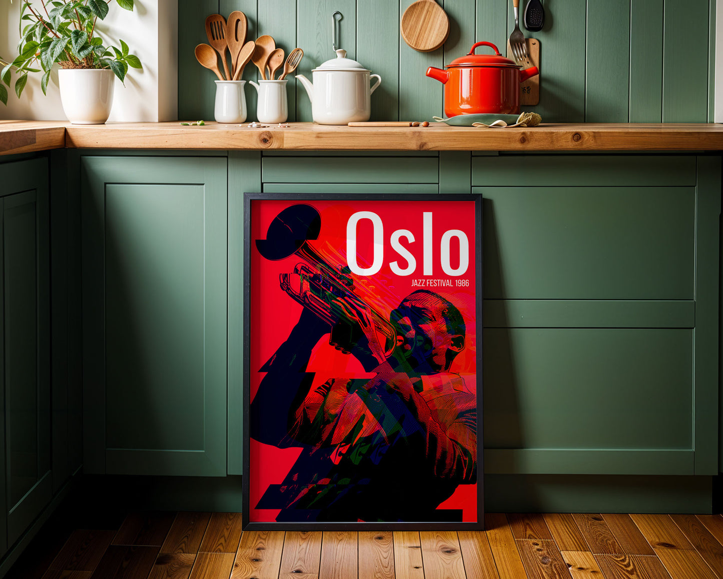 Framed poster of a musician with 'Oslo' text in a kitchen setting