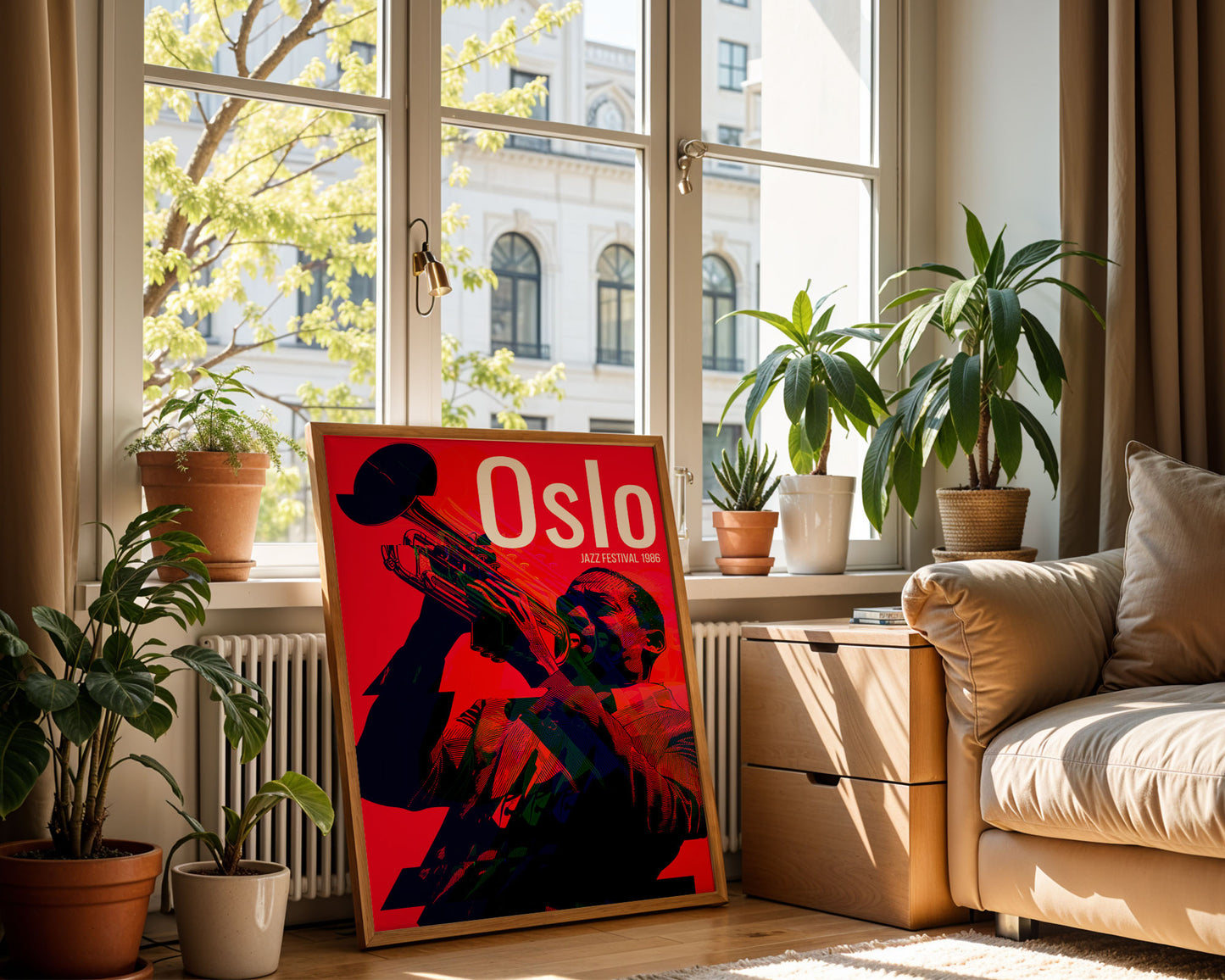 Poster with 'Oslo' design in a living room with plants and a window.