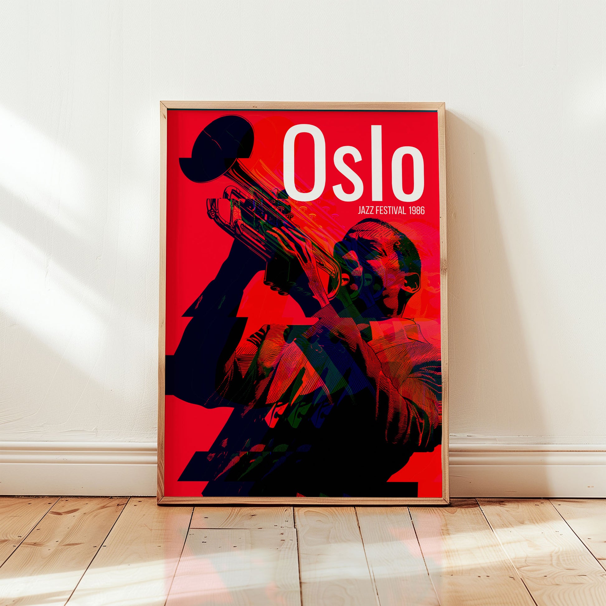 Oslo Jazz Festival 1986 poster featuring bold red background and trumpet player in mid-century modern style from Wallgarde
