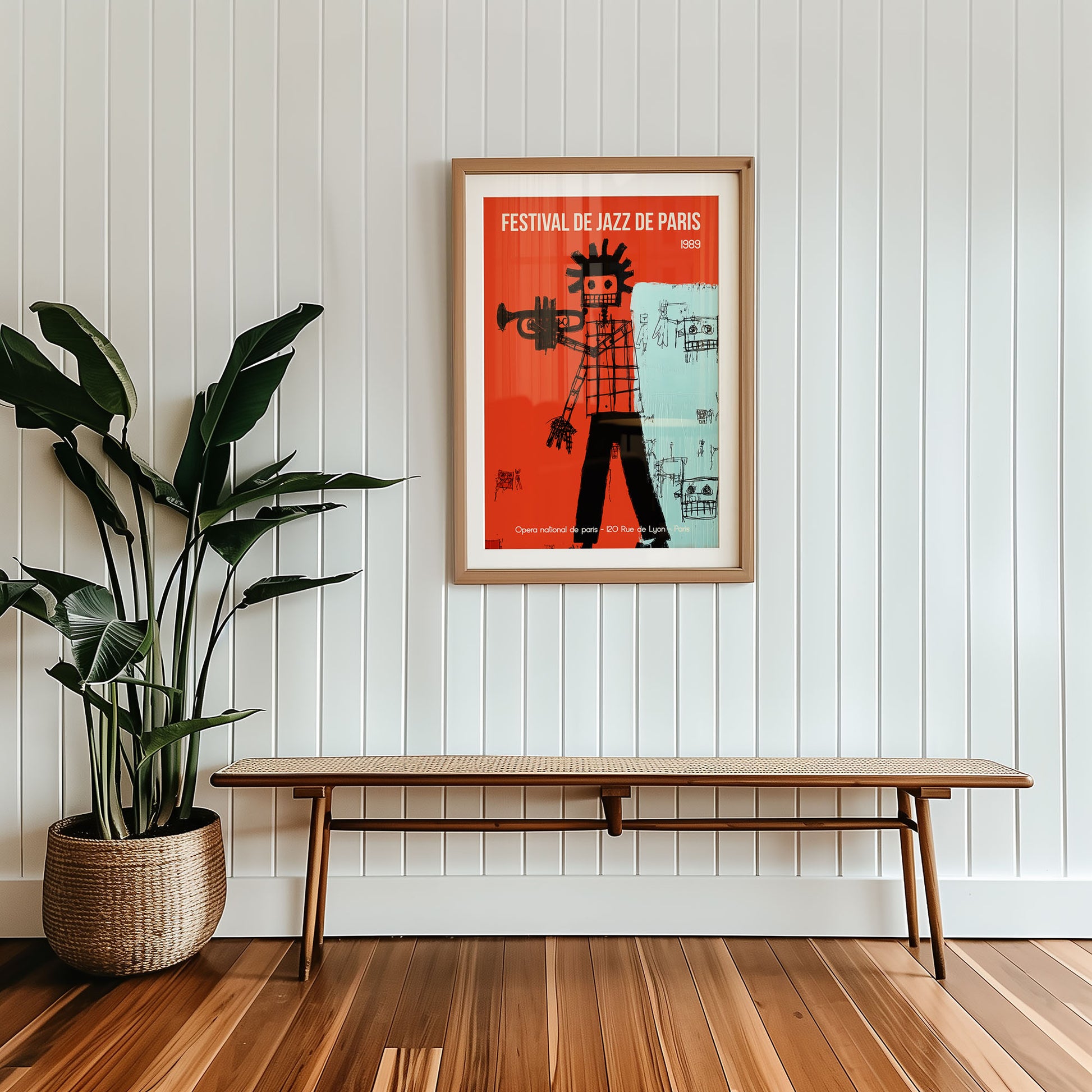 Framed mid-century style wall art print styled against minimalist interior wall