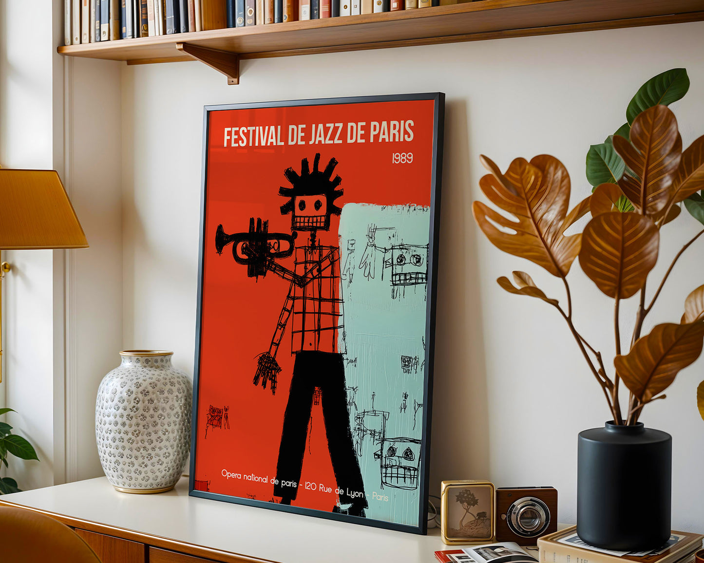 Framed poster of 'Festival de Jazz de Paris' on a wall with decorative elements.