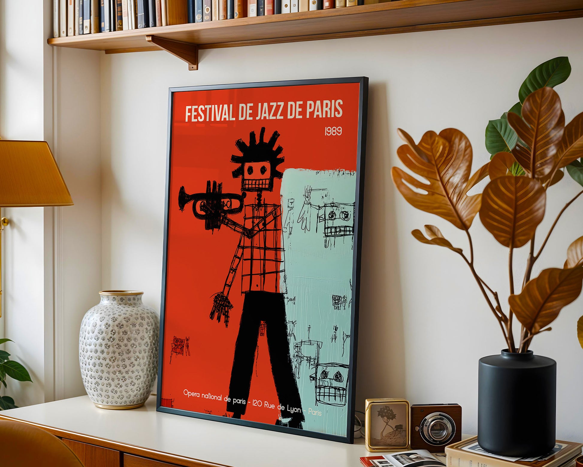 Framed poster of 'Festival de Jazz de Paris' on a wall with decorative elements.