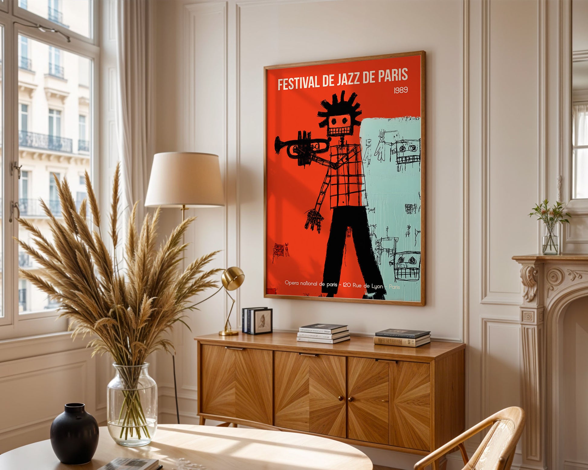Living room with a wooden cabinet, lamp, and decorative items, featuring a colorful poster on the wall.