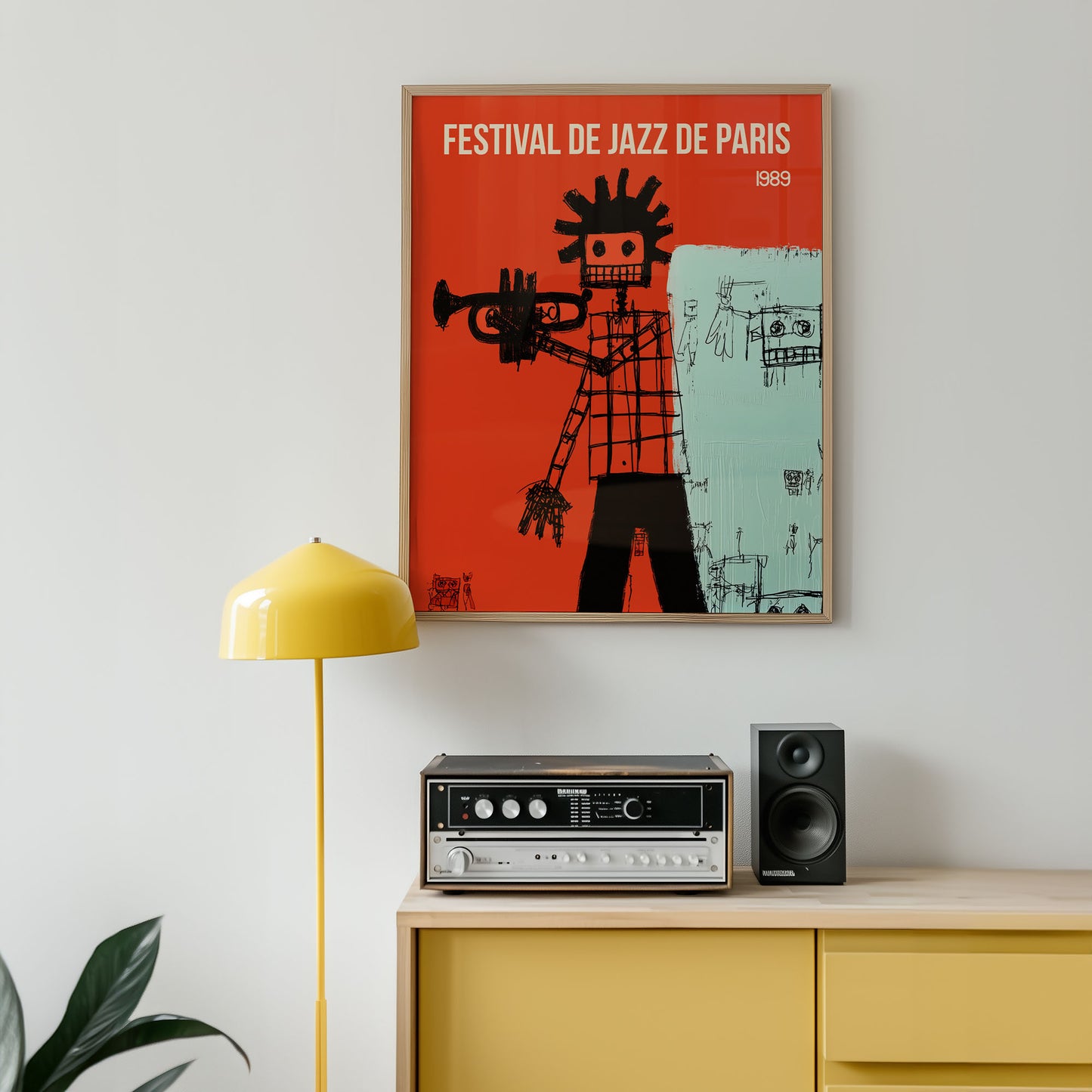 Mid-century modern poster wall art displayed in contemporary living room interior