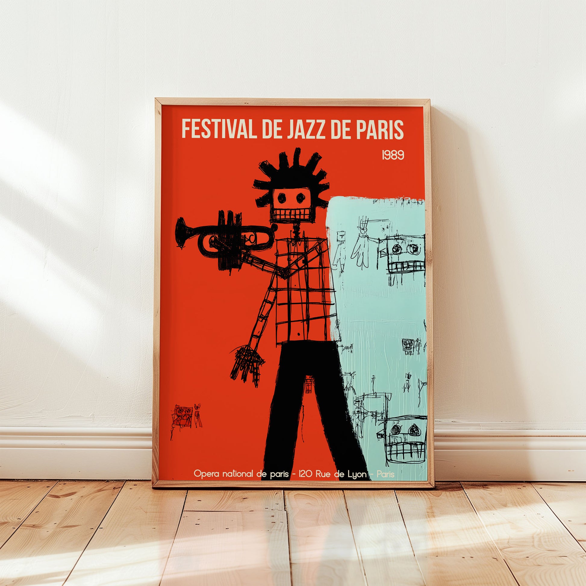 Paris After Midnight Festival de Jazz de Paris 1989 art print featuring bold red background and abstract trumpet figure in mid-century modern style from Wallgarde
