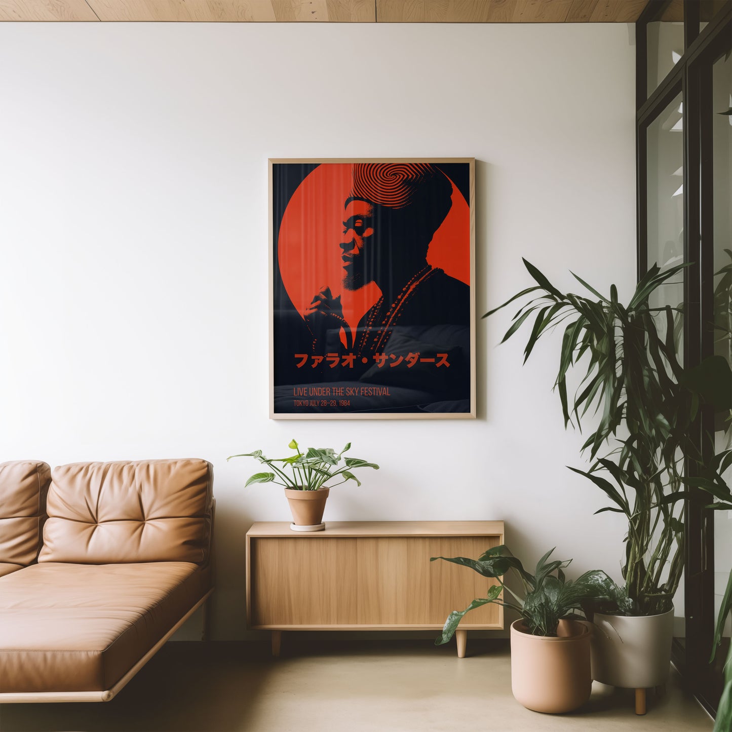 Pharoah Sanders jazz poster in a modern Scandi interior living room. 