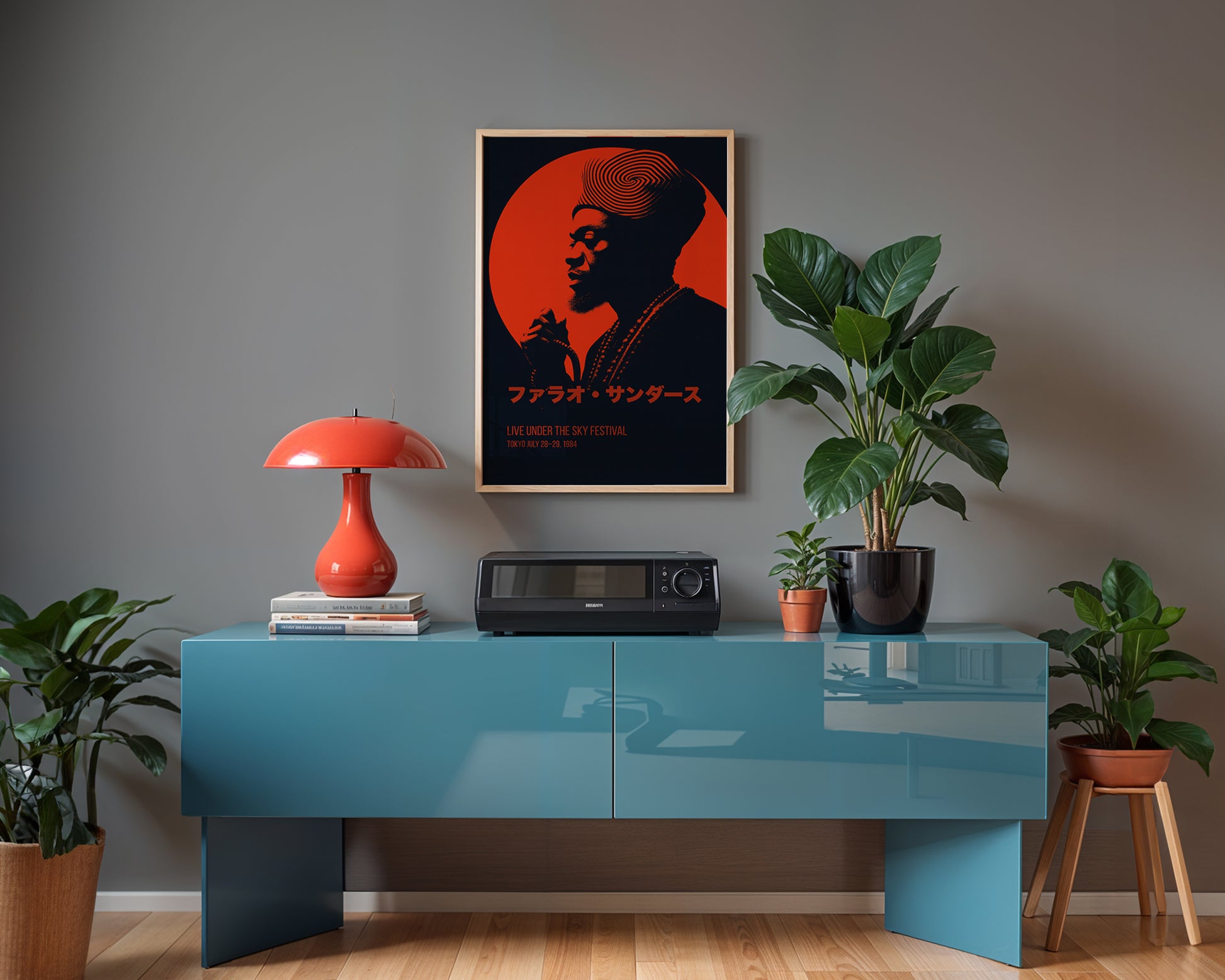 Modern interior with a blue console table, red lamp, and framed Tokyo Jazz Festival Print on a gray wall.