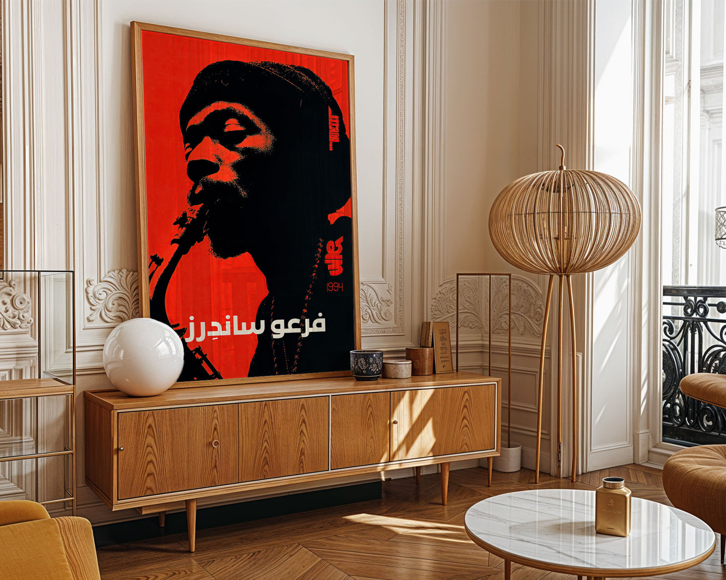 Living room with a large framed poster of a man playing a saxophone on a wooden cabinet.