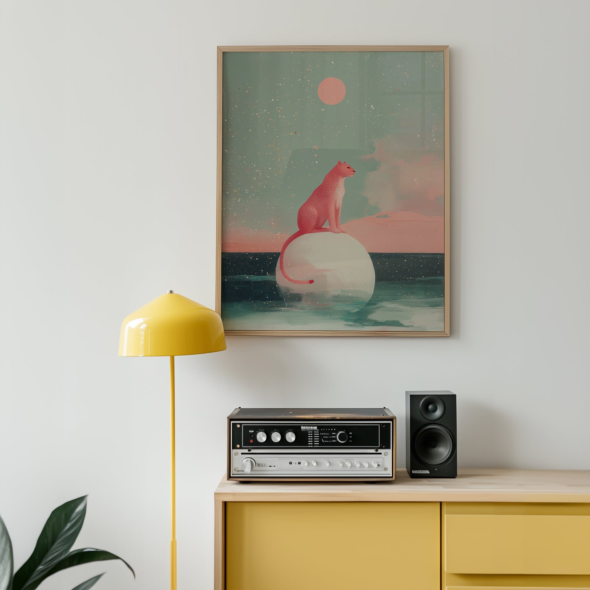 Whimsical pink panther sitting on moon above ocean landscape pastel illustration