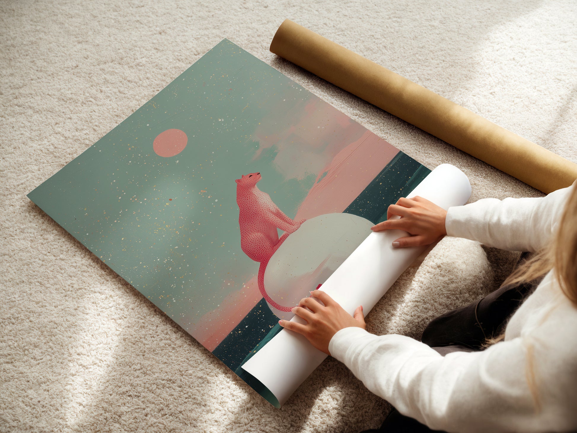 Woman opening up a gift of a quiet luxury wall art art print. 