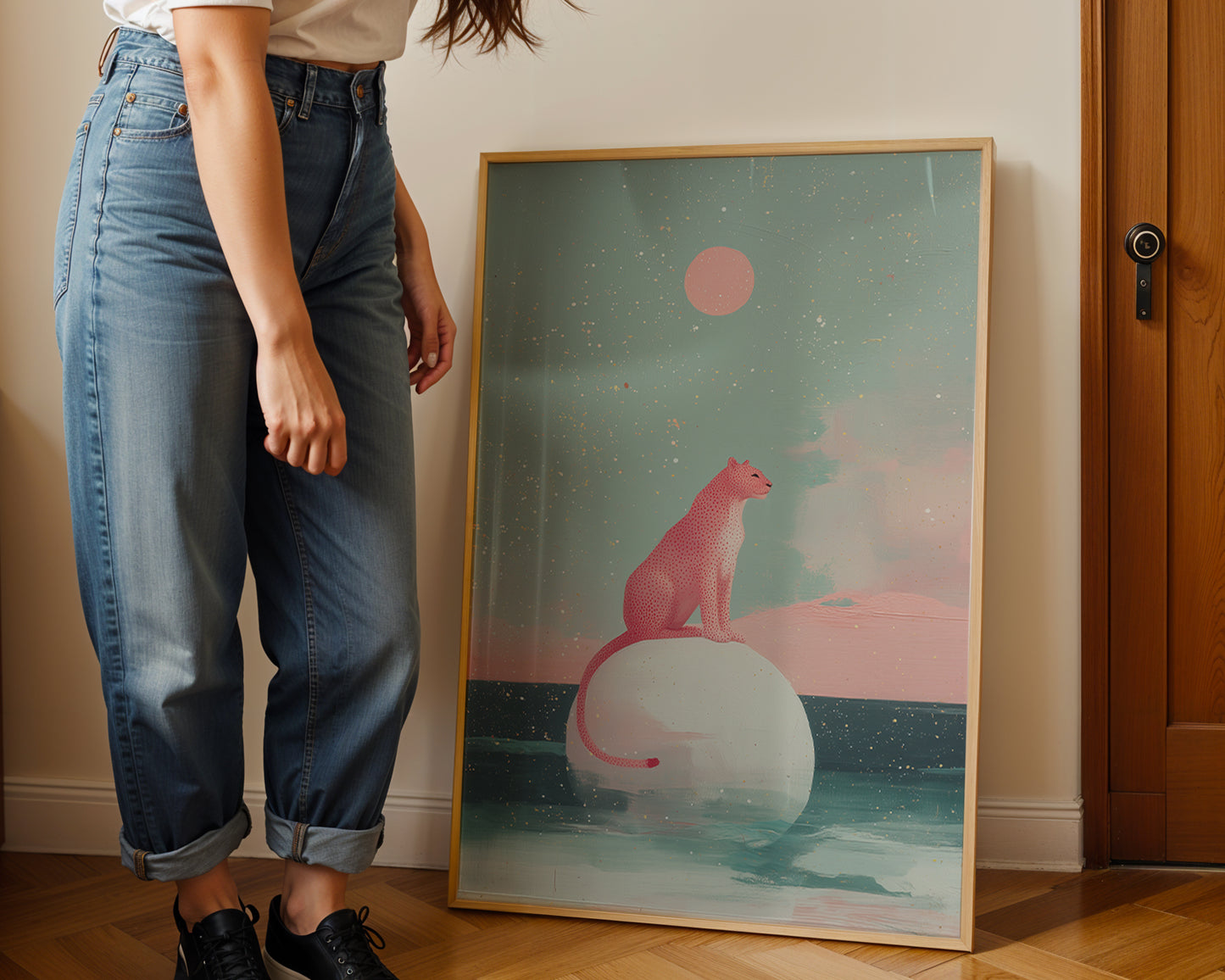 woman with warm dreamy dopamine  art print of a pink cat. 