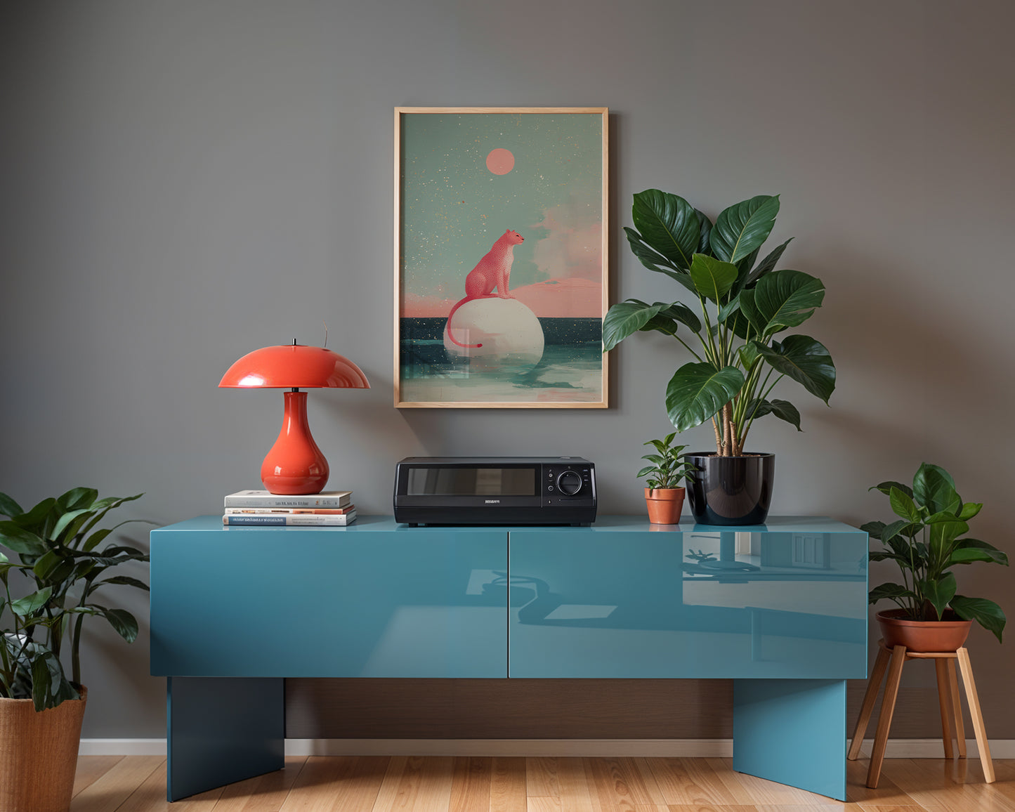Colourful mid-century style poster adding bold accent to modern home interior