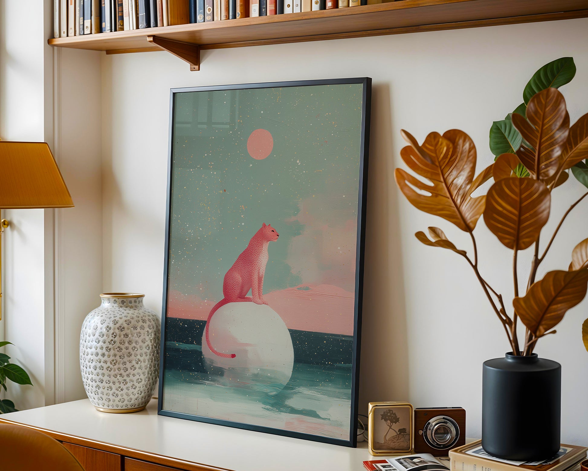 Mid-century modern poster styled in clean Scandinavian inspired living space