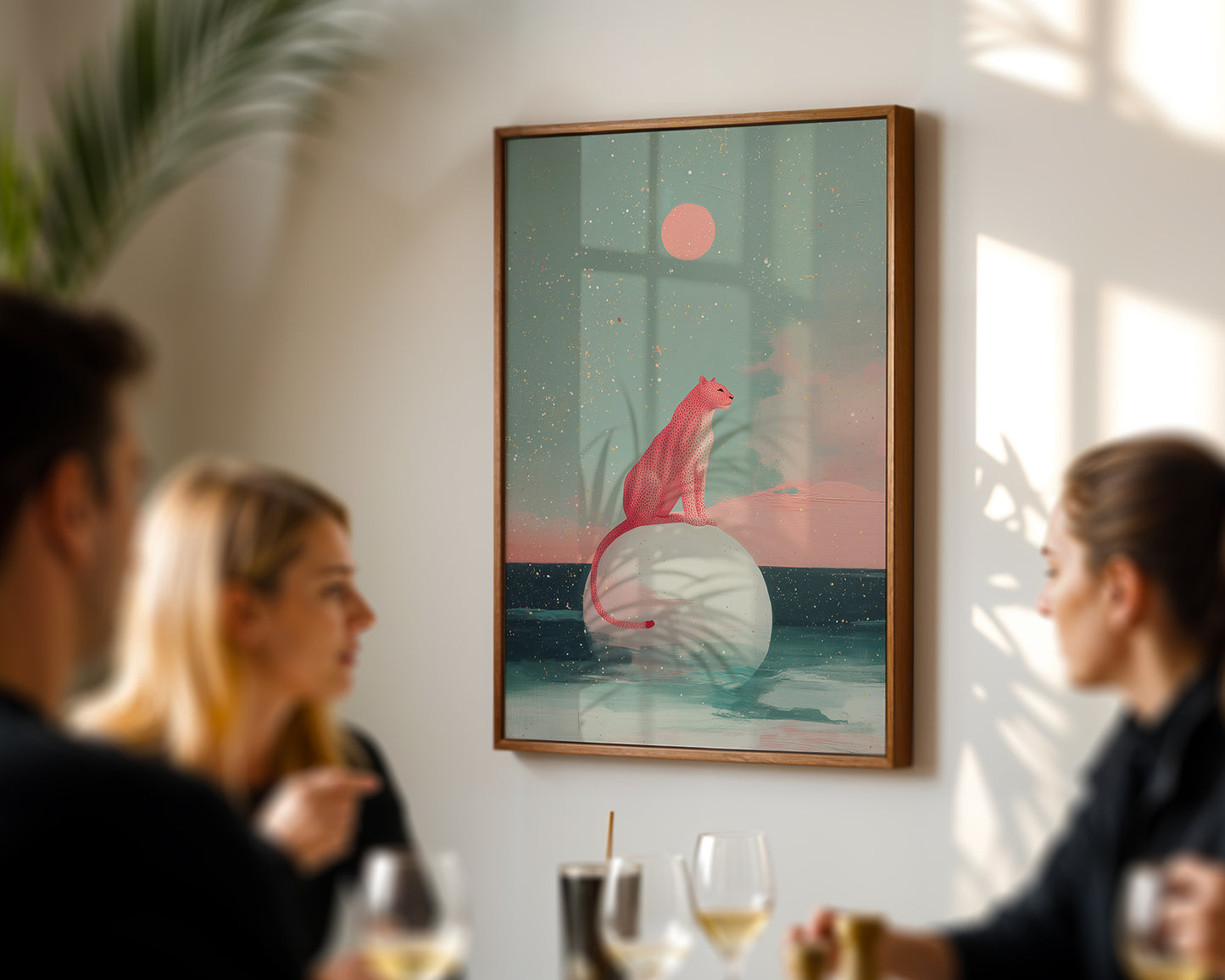 Mid-century inspired art poster styled above ding room table in modern home decor setting