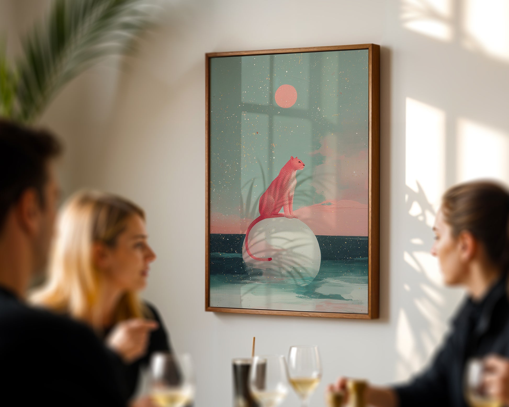 Mid-century inspired art poster styled above ding room table in modern home decor setting