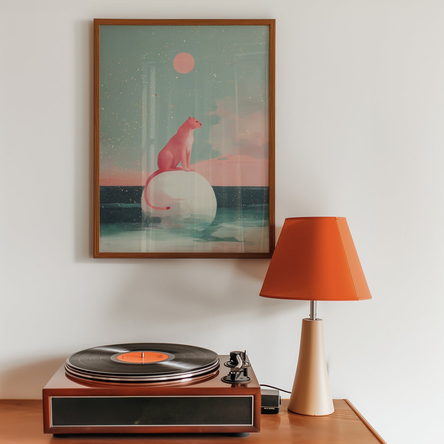 Framed mid-century style wall art print styled against minimalist interior wall