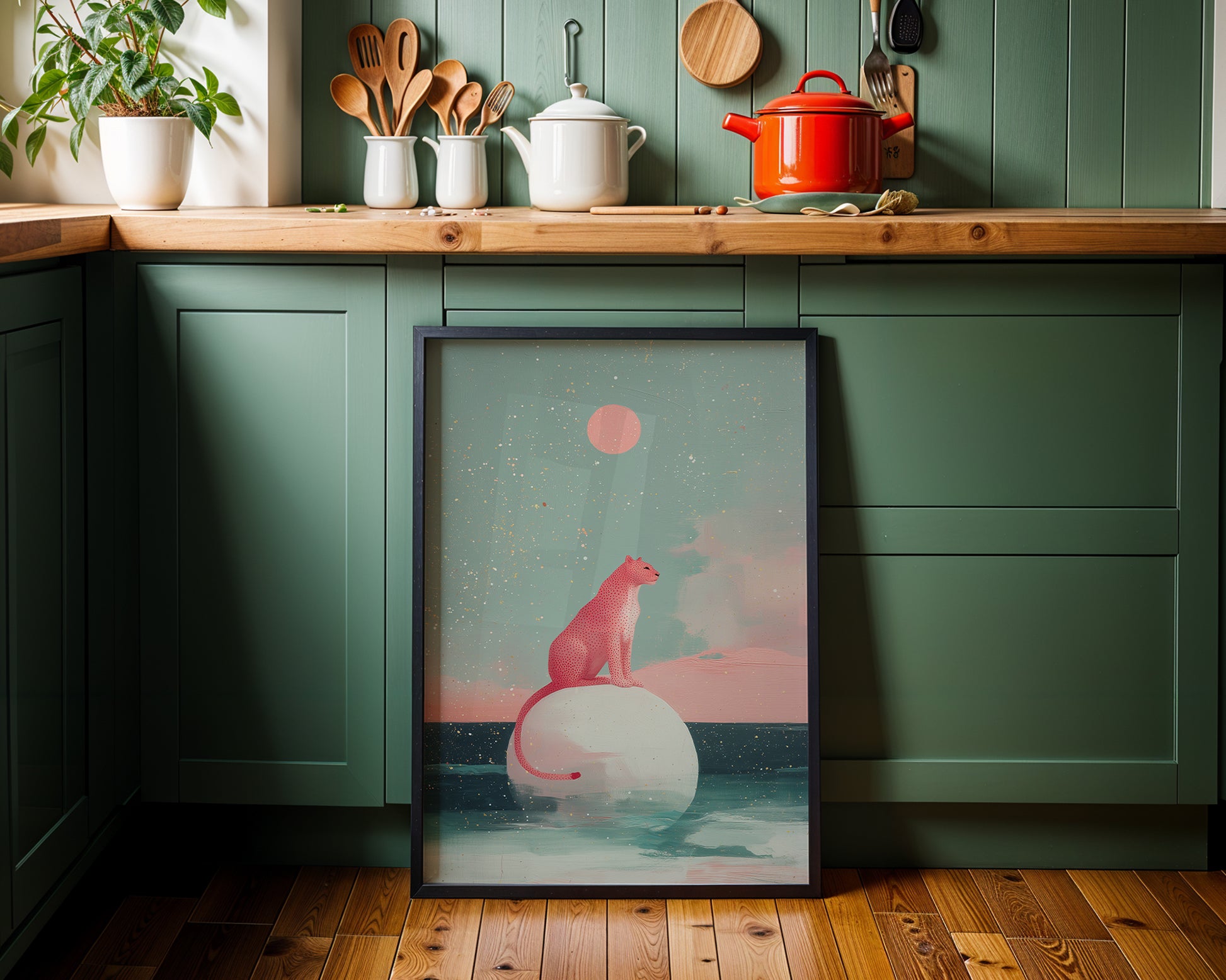 dreamy panther illustration art print in a cool green modernist kitchen interior. 