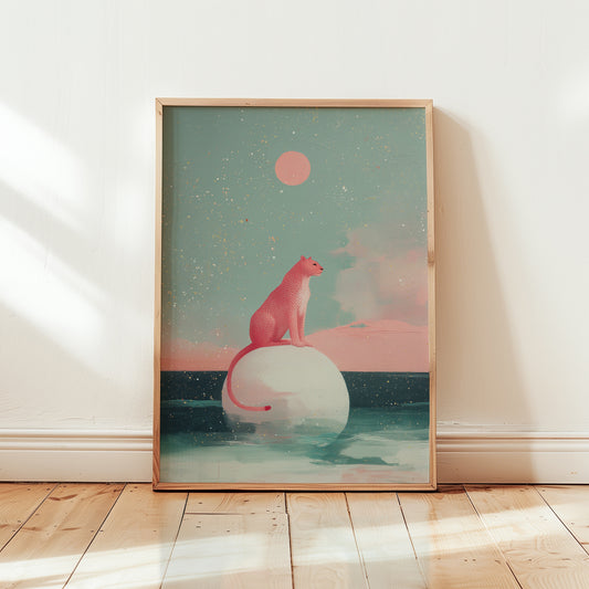 Framed pink cheetah landscape art print in wooden frame, surreal painterly illustration with teal ocean pink moon and gold speckled sky