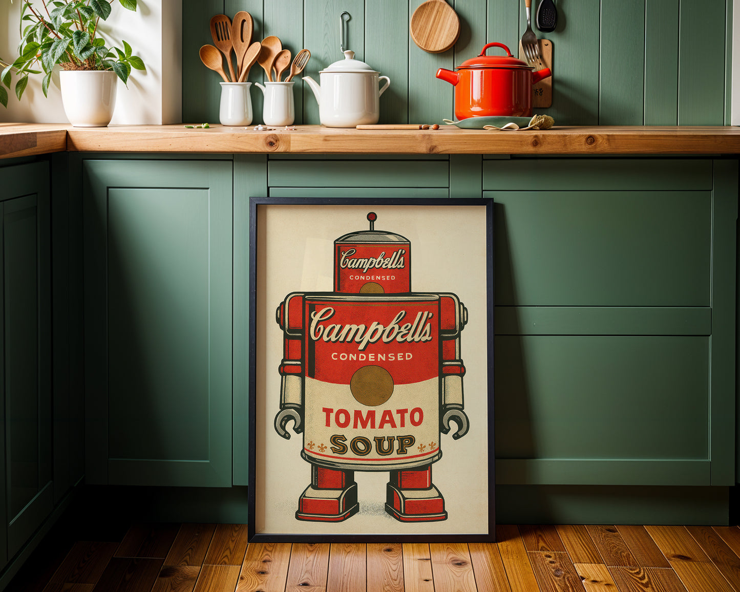Framed Campbells Tomato Soup can artwork on a kitchen wall with green cabinets and wooden countertop.