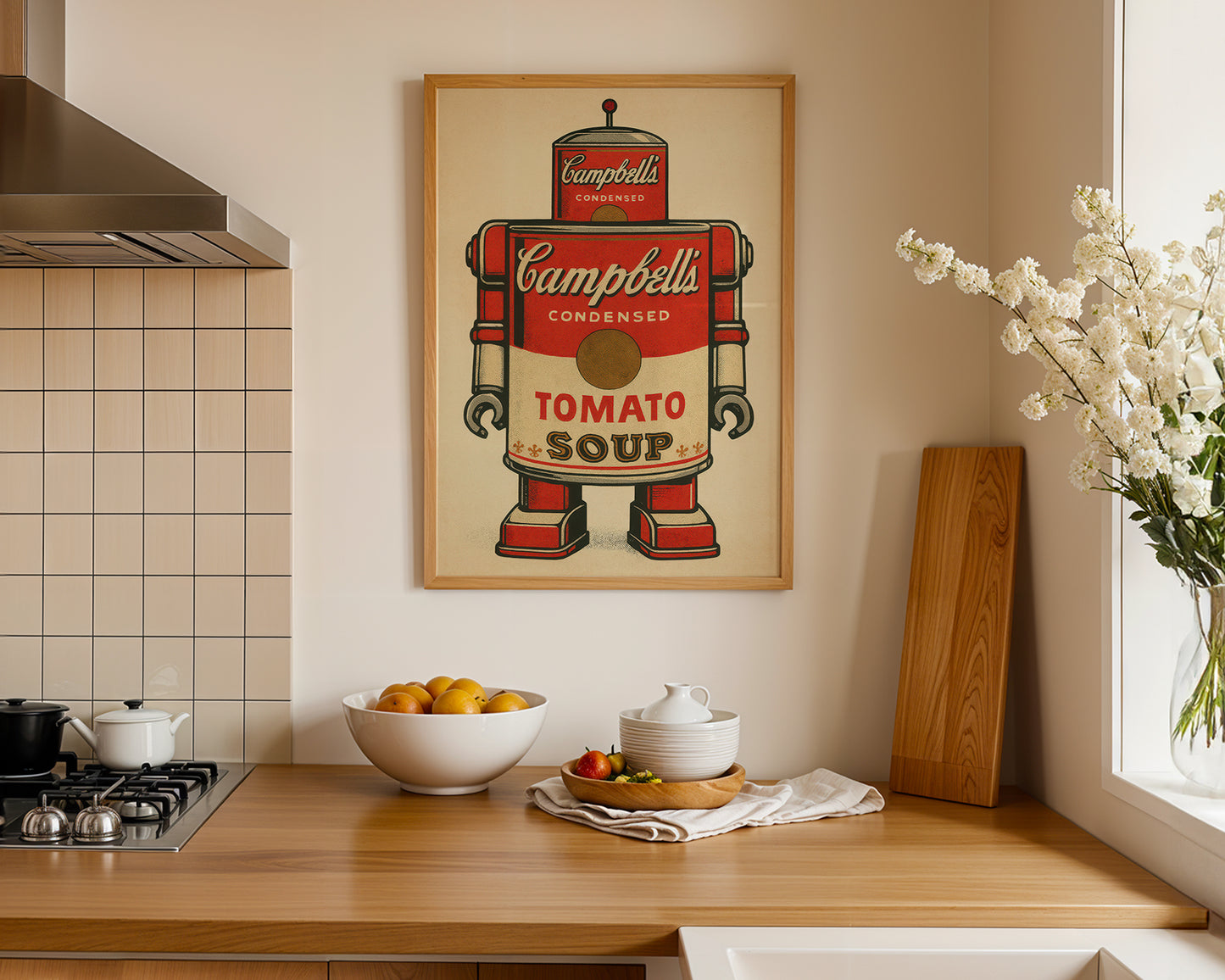 Kitchen with a Campbells Soup poster on the wall, wooden countertop with fruit bowl and teapot.