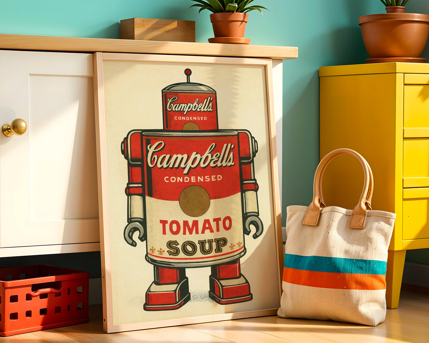 Campbell's Tomato Soup can robot design on a framed poster with a tote bag and decorative items in the background.