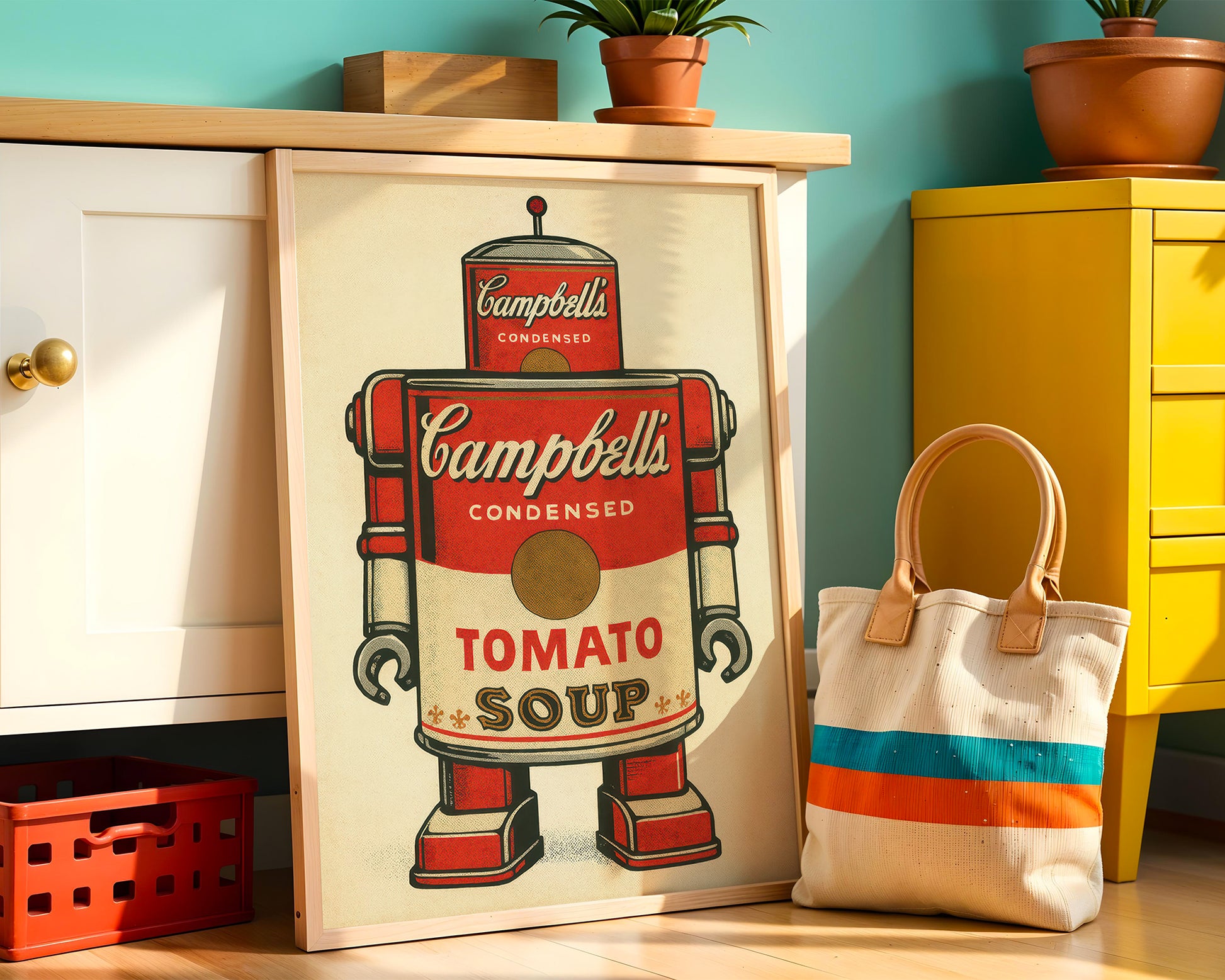 Campbell's Tomato Soup can robot design on a framed poster with a tote bag and decorative items in the background.