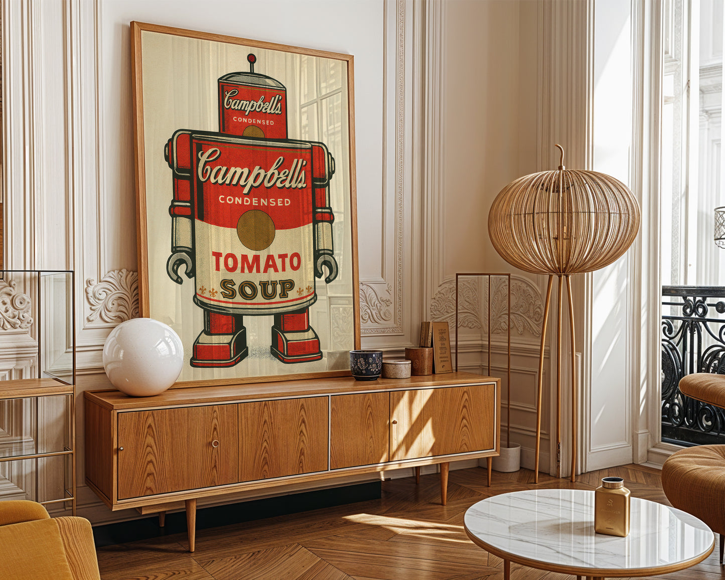 Living room with a large framed artwork of a Campbell's Tomato Soup can on the wall.