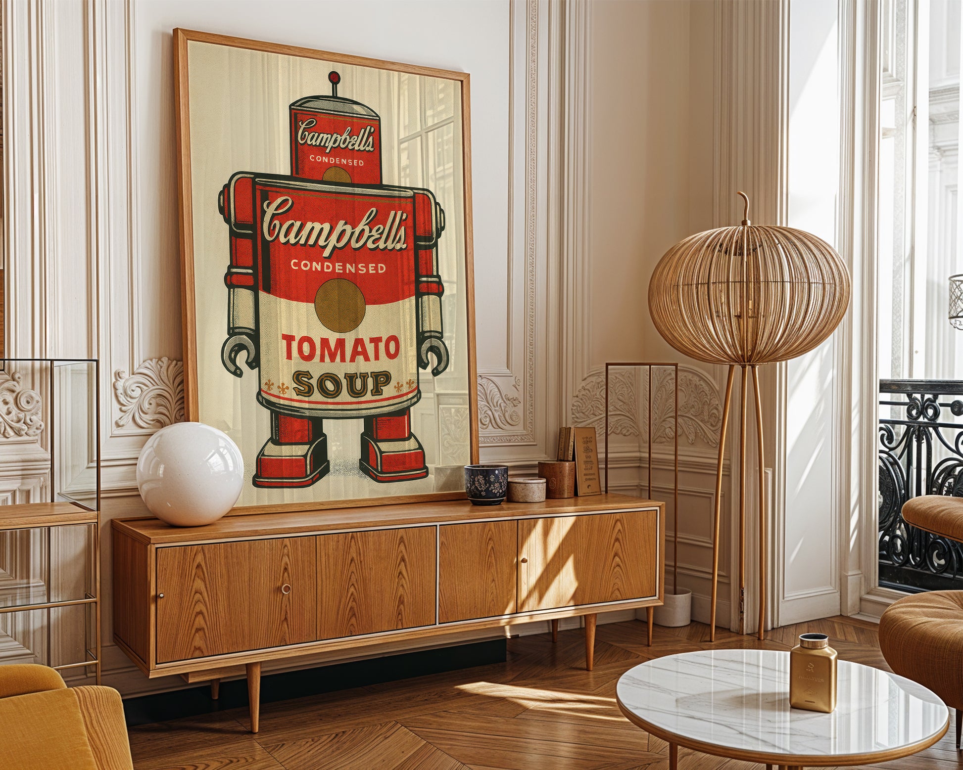 Living room with a large framed artwork of a Campbell's Tomato Soup can on the wall.
