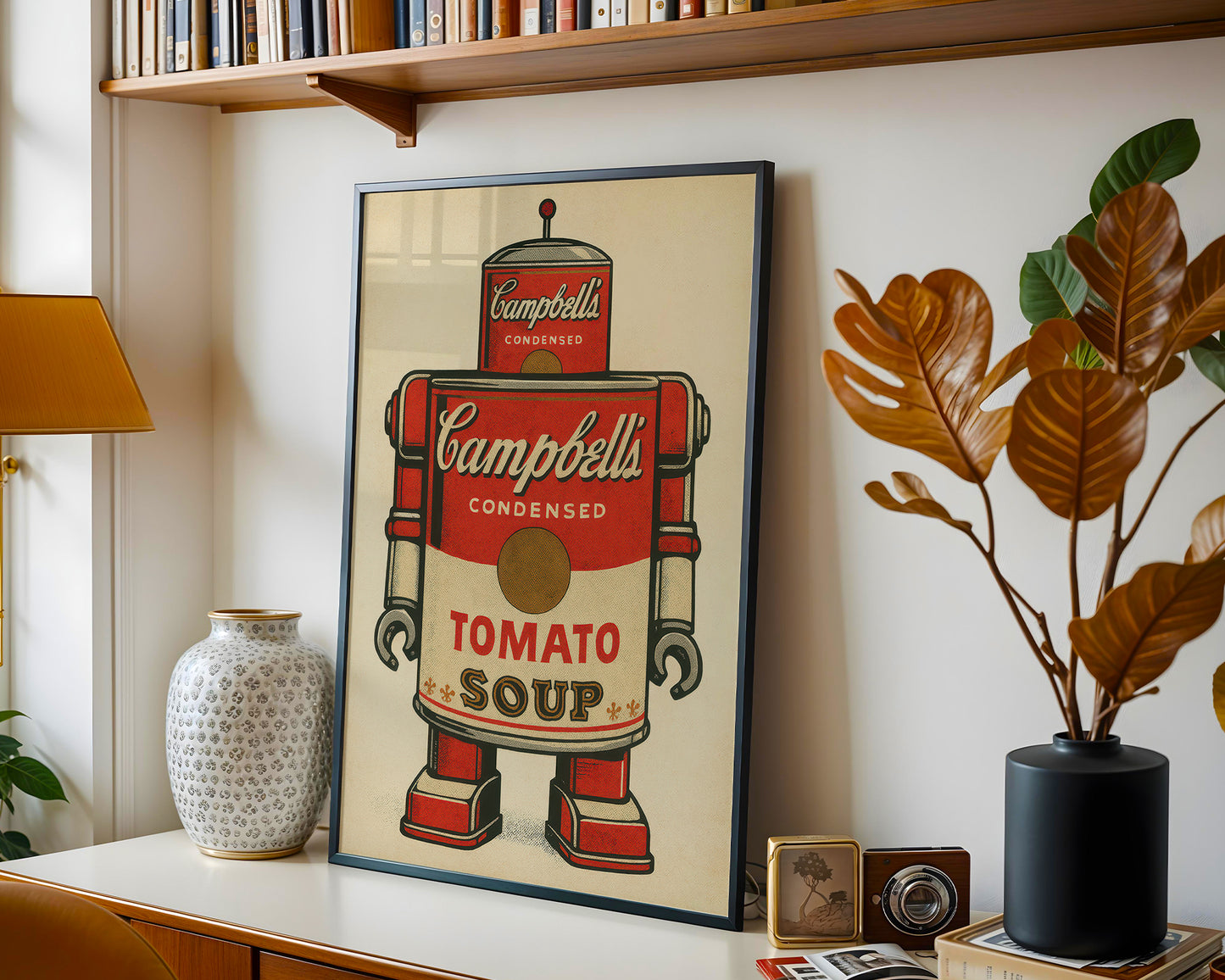 Framed Campbells Tomato Soup robot artwork on a shelf with decorative items.