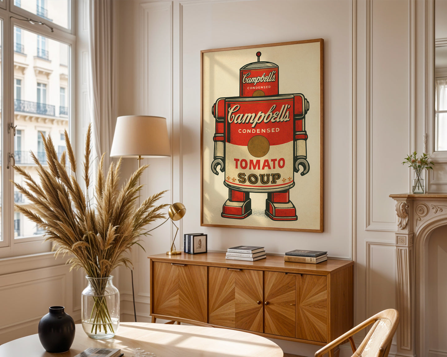 Living room with a framed Campbells Soup can artwork on the wall, wooden cabinet, and decorative items.