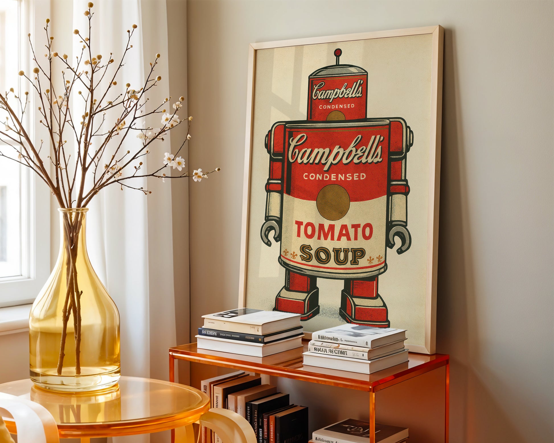 Campbell's Tomato Soup can artwork on a wall above a shelf with books and a vase.