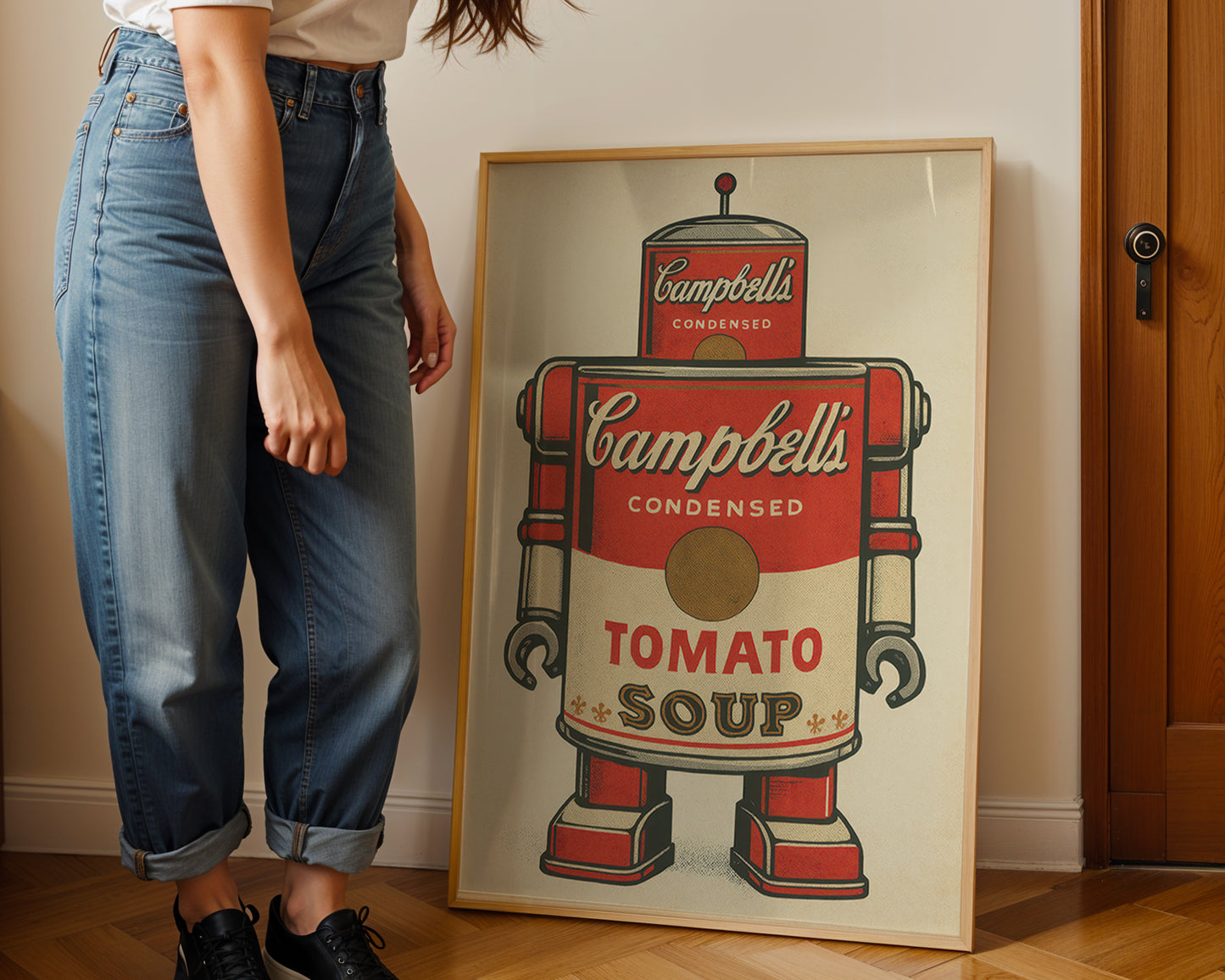 Person standing next to a framed Campbells Tomato Soup robot poster on a wall.