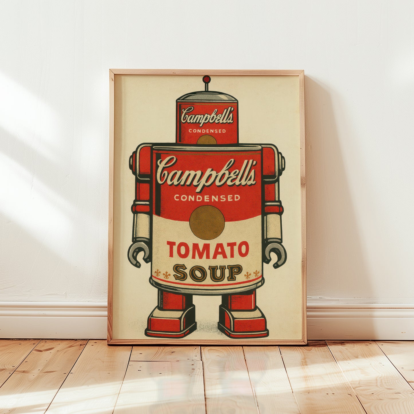 Pop art print robot made from a vintage tomato soup can illustration